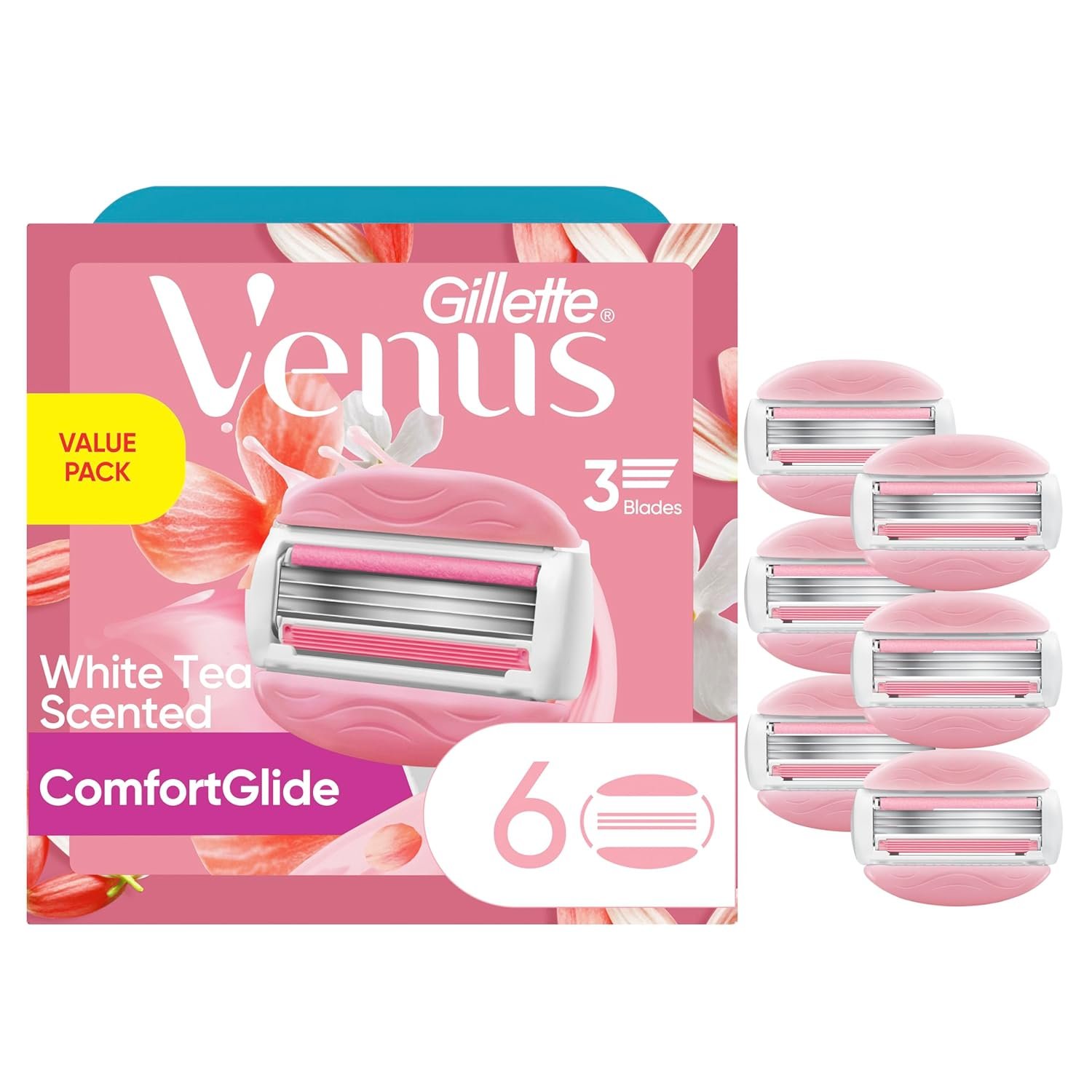 Gillette Venus ComfortGlide White Tea Women’s Razor Blades, 3-Blade Razor Refills, 6 Count