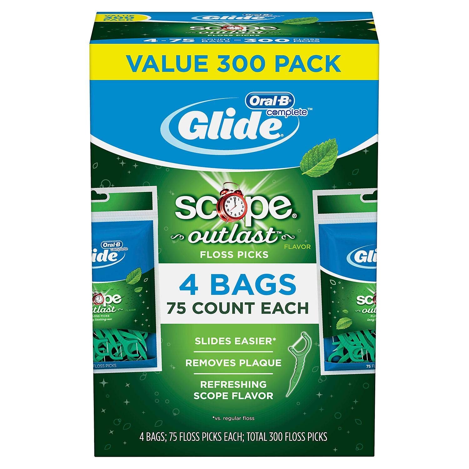 Glide Oral B Floss Picks Plusx 40mm Outlast – Long Lasting Mint, 4 Pack of 75