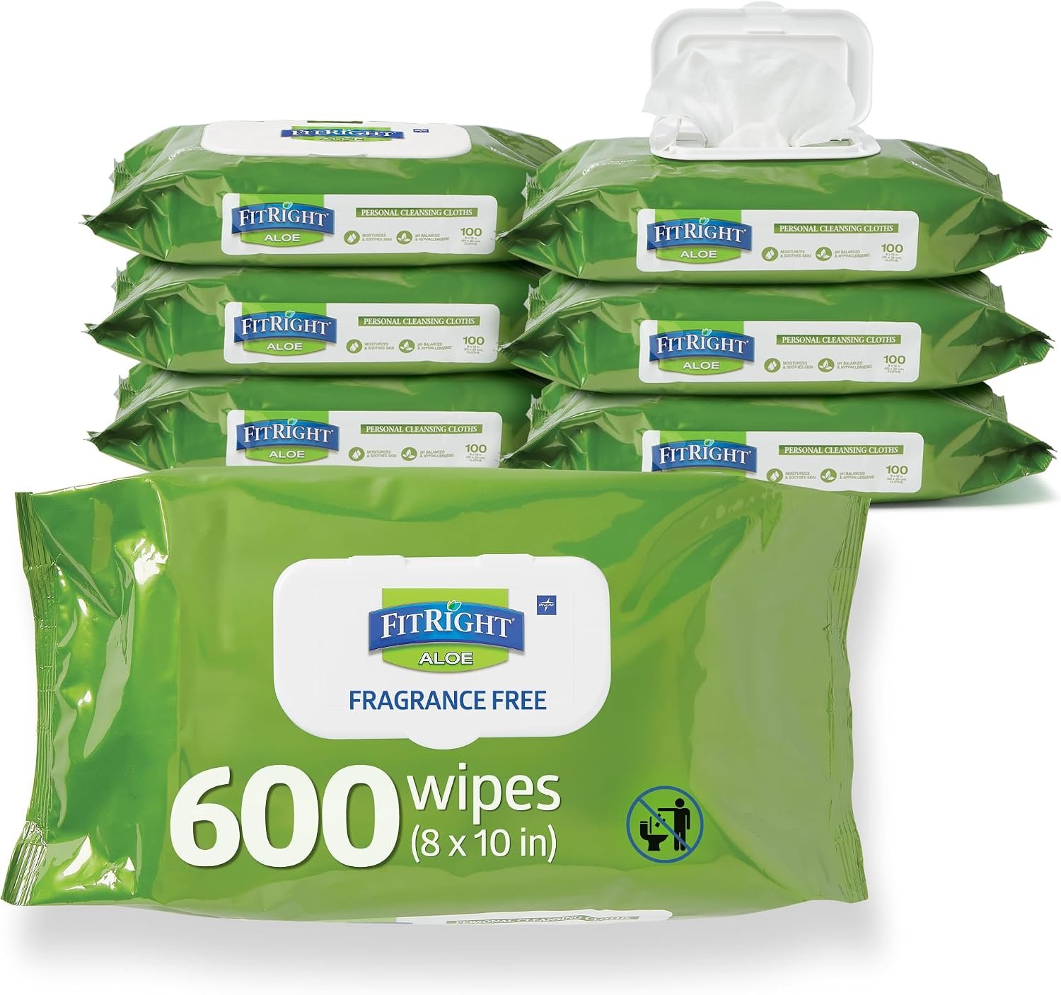 FitRight Personal Cleansing Wipes with Aloe 8×10 Unscented 600 Count