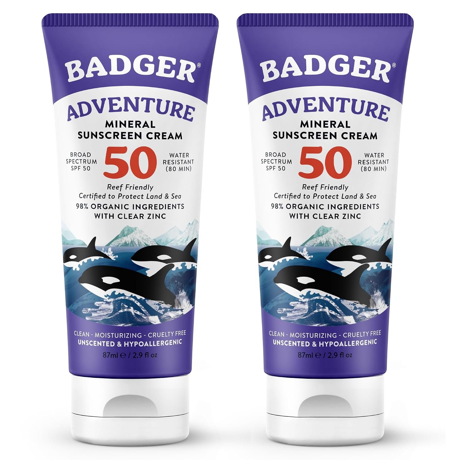 Badger Reef Safe Mineral Sunscreen SPF 50, Zinc Oxide, 2.9 fl oz (2-Pack)