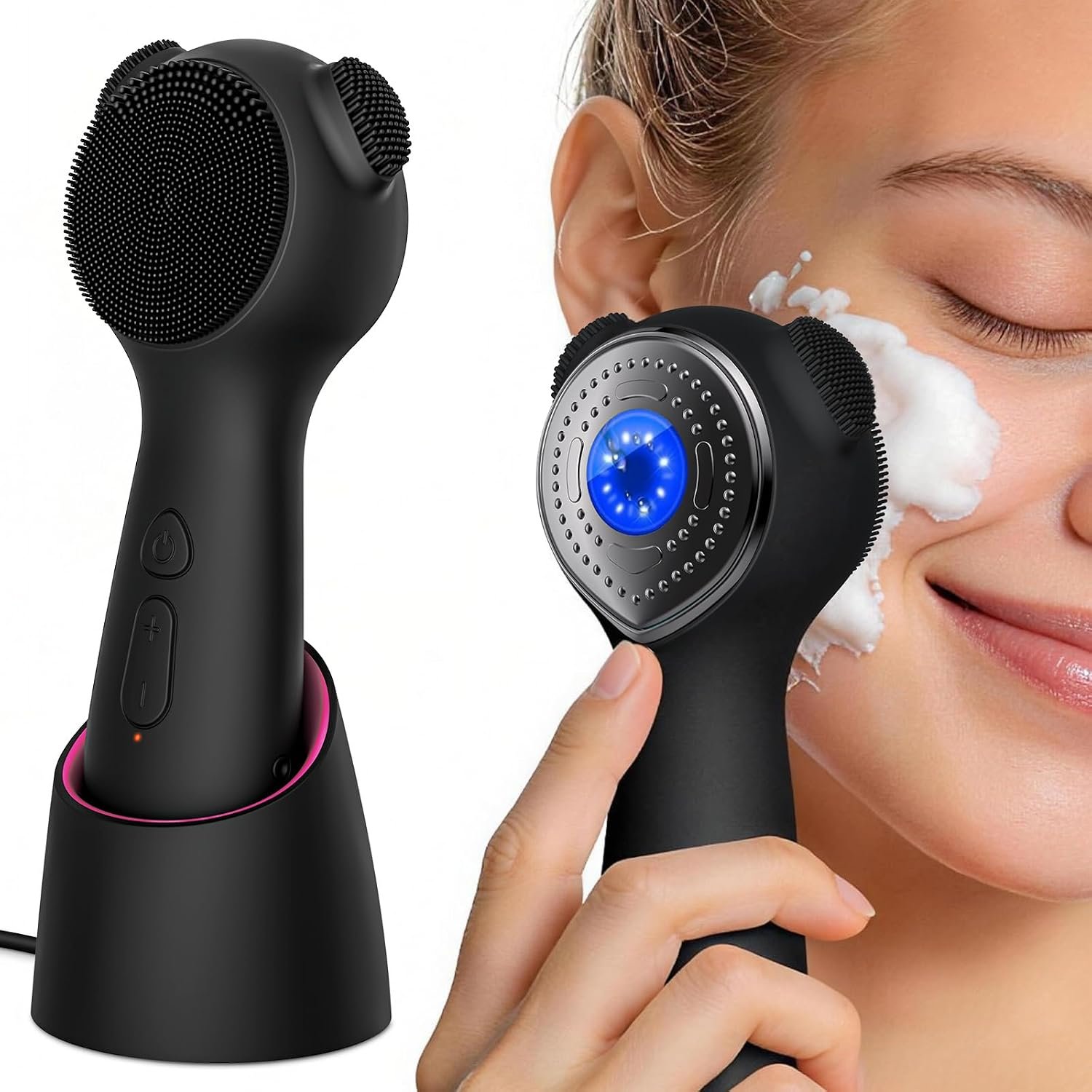 Electric Face Scrubber Exfoliator, Rechargeable Silicone Facial Cleansing Brush with Heat Massage Tip, Vibrating Face Scrubber for Deep Cleaning, Waterproof Face Brush for Men and Women (Matte)