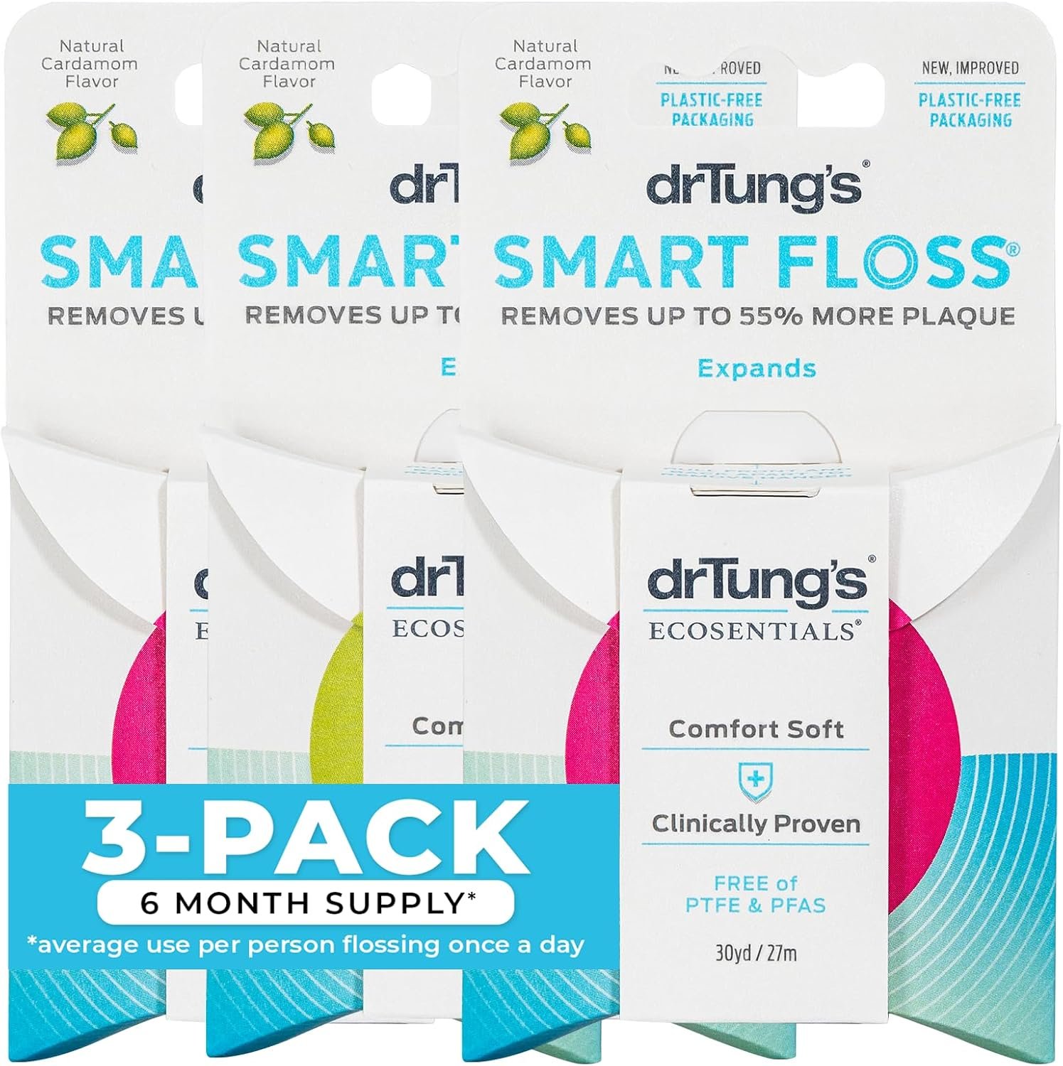 DrTung’s Smart Floss – Expanding Natural Waxed Dental Floss – Pack of 3