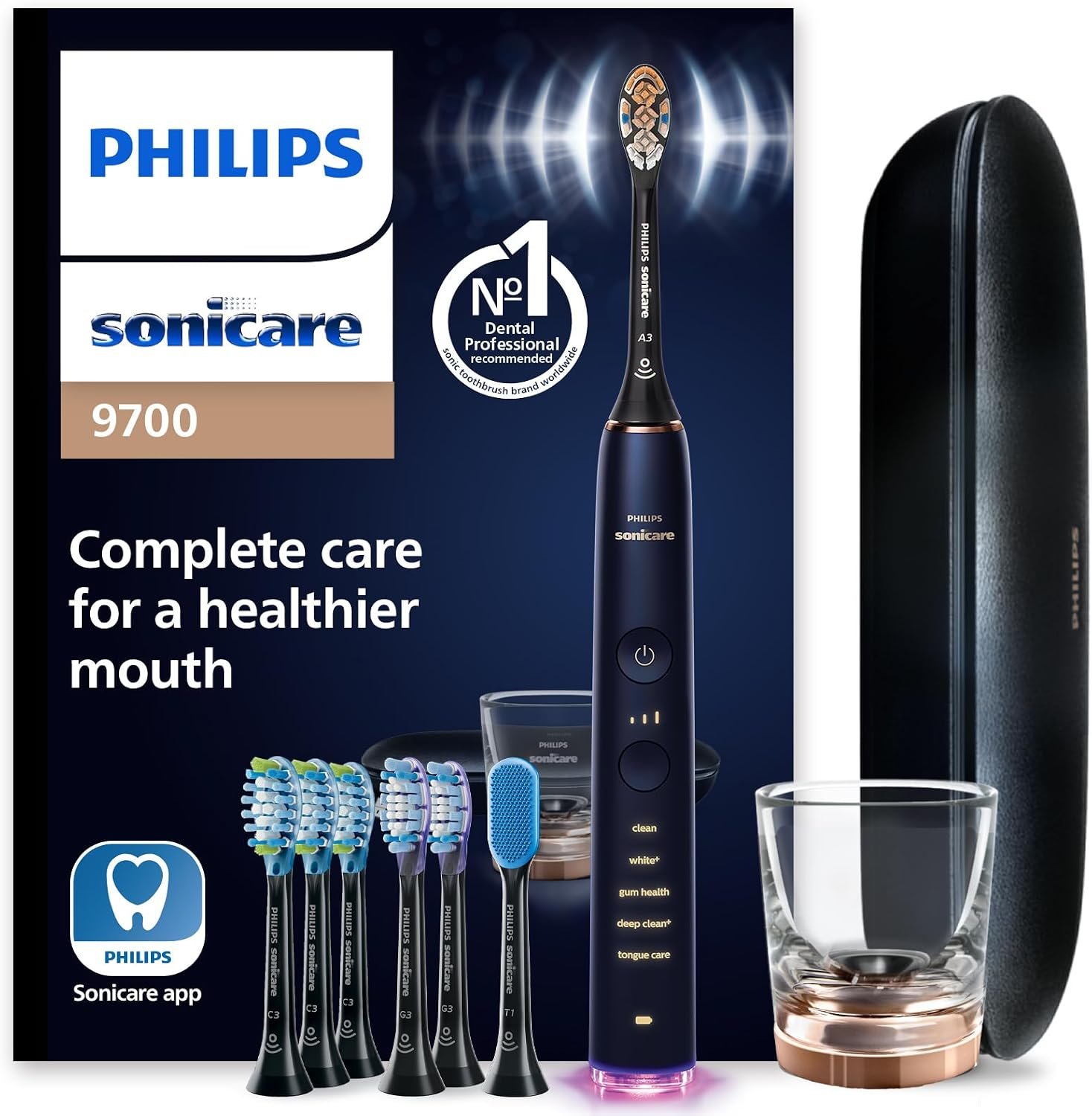 Philips Sonicare DiamondClean 9700 Electric Toothbrush, 7 Brush Heads, Blue