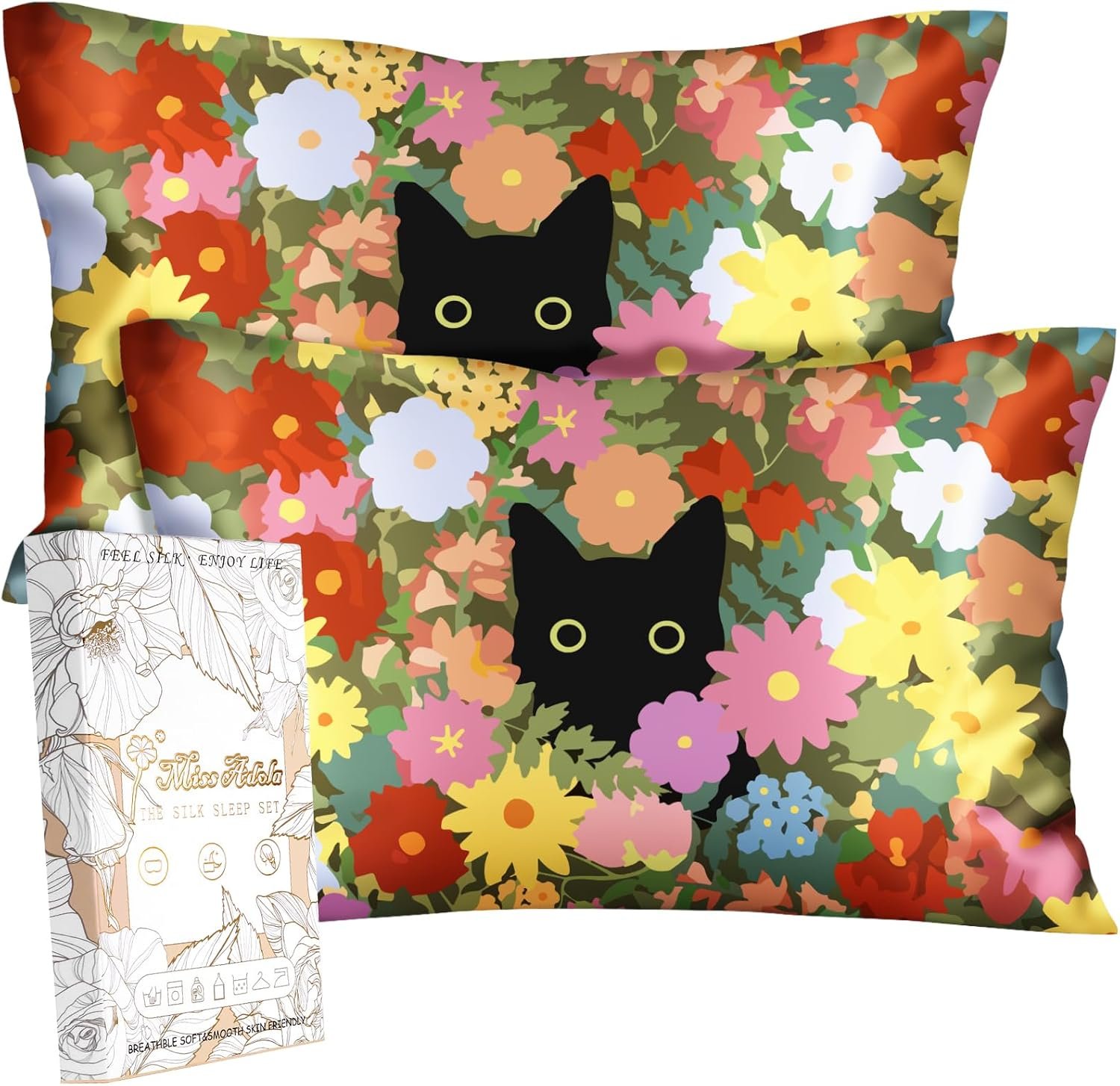 Miss Adola Silk Pillowcases, 2 Pack, Standard Size, Cat Flowers