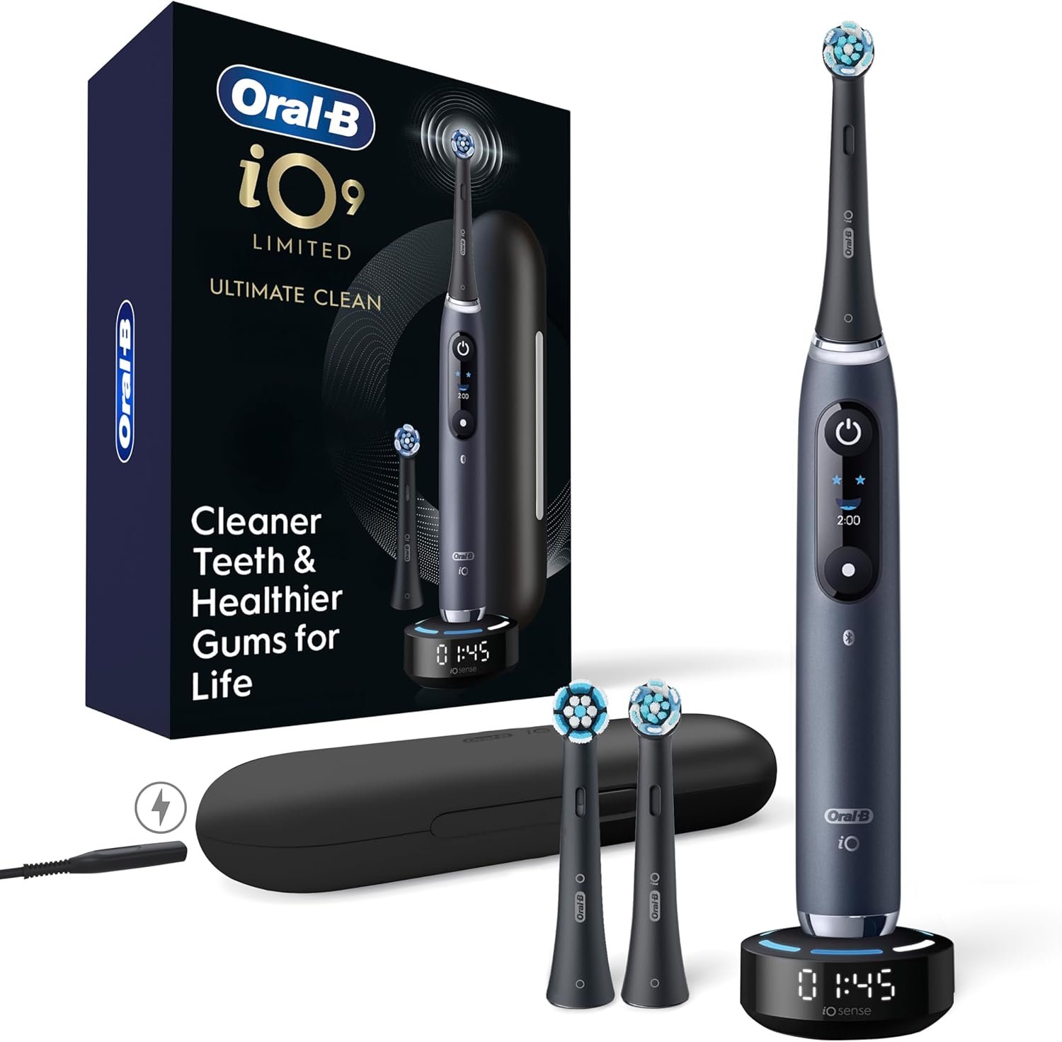 Oral-B Rechargeable Electric Toothbrush, iO9 Limited Ultimate Clean, 7 Cleaning Modes, Interactive Display, iSense Charger, Charging Travel Case, Visible Pressure Sensor, 3 Brush Heads, Black