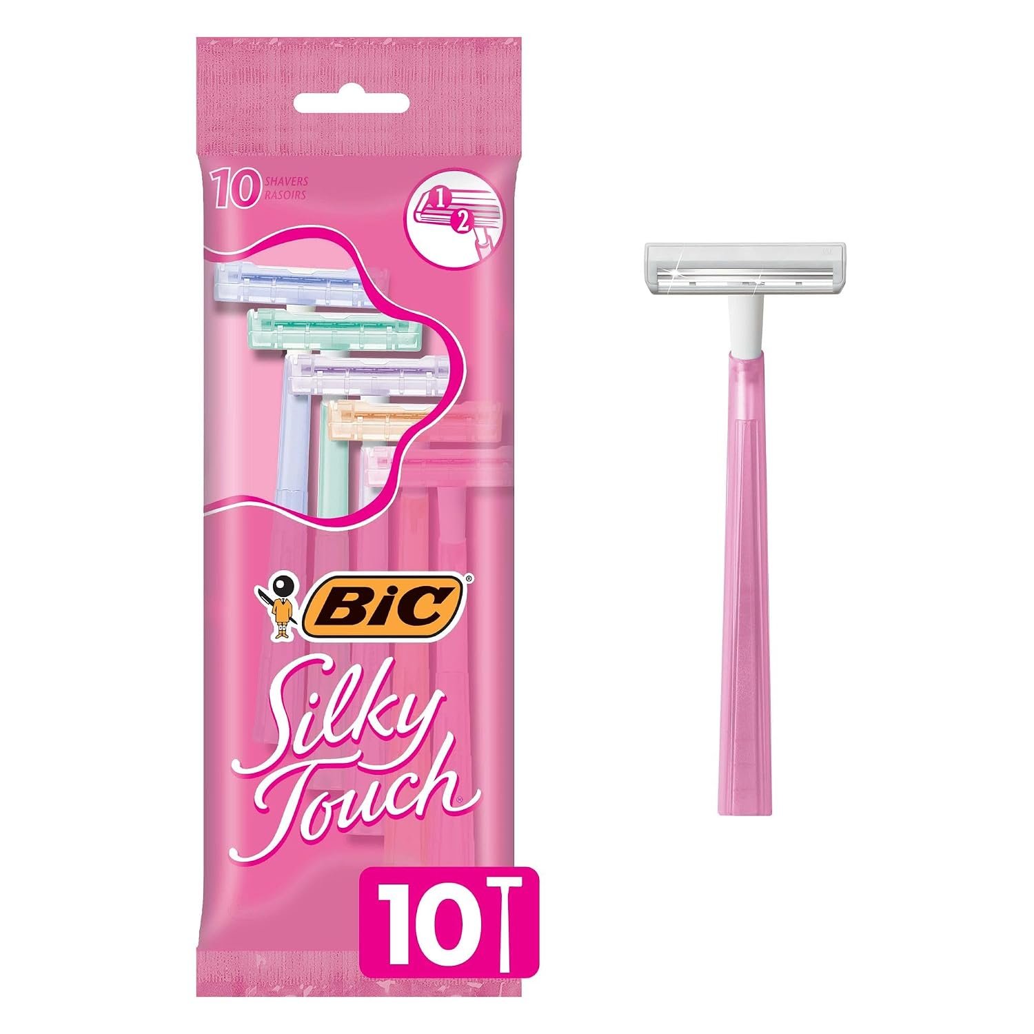 BIC Silky Touch Women’s Disposable Razors, With 2 Blades, Pretty Pastel Razor Handles, 10 Count Pack of Shaving Razors