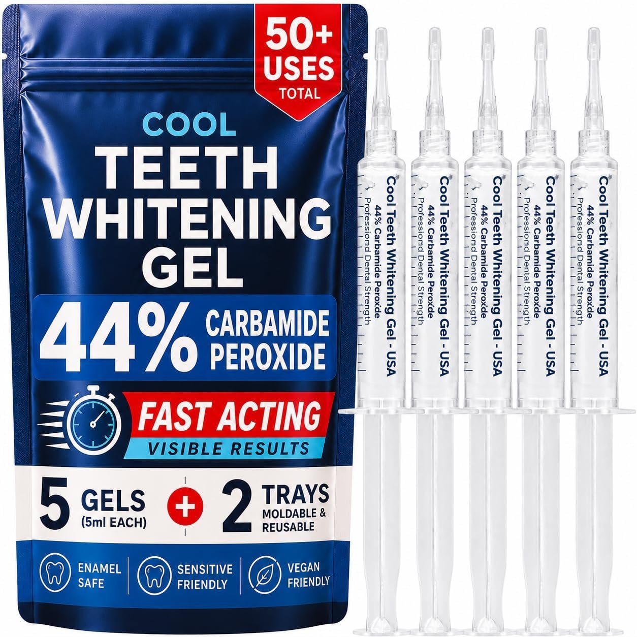 Teeth Whitening Gel with Trays 44% Carbamide Peroxide 5 Syringes – 50+ Uses