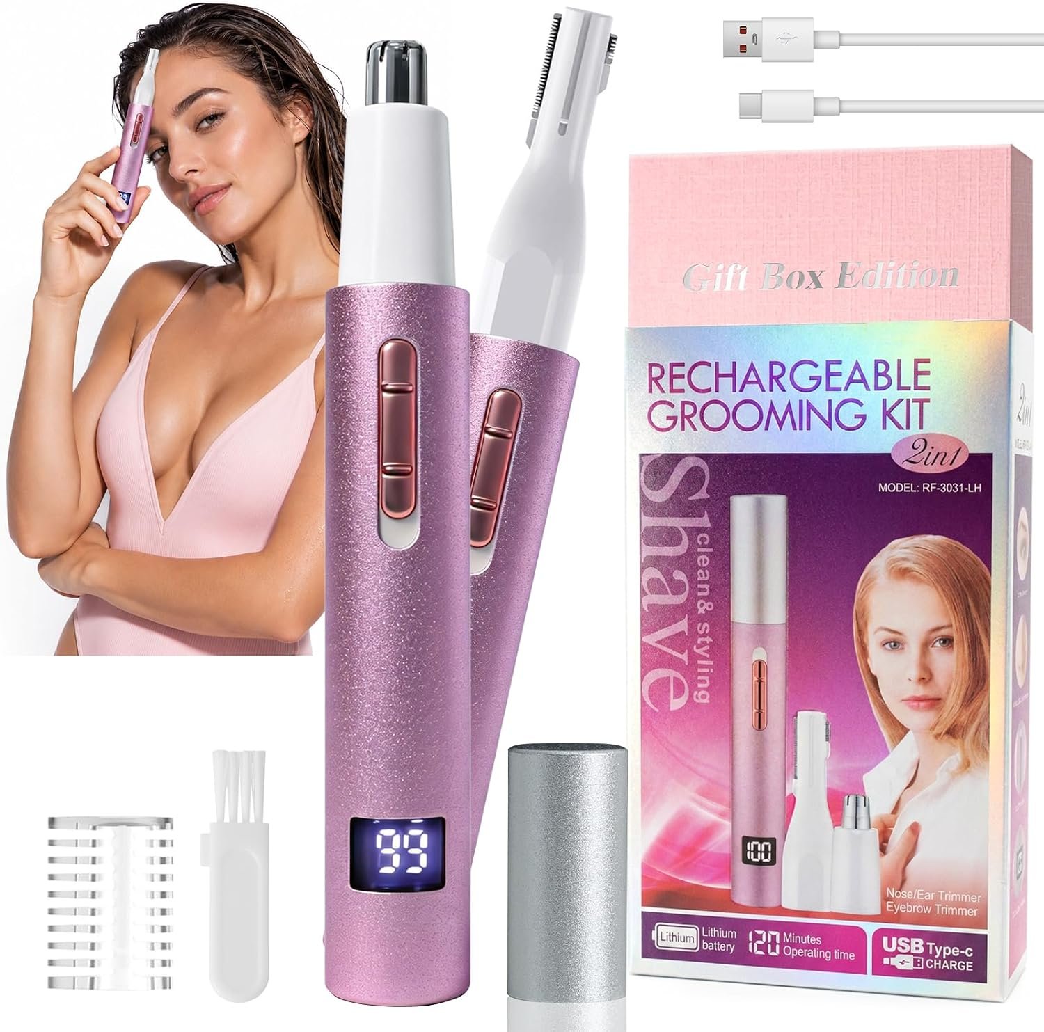 Nose & Ear Hair Trimmer with LED Display for Men and Women, 2026 USB Rechargeable Facial Trimmer Clipper for Easy Cleansing, Portable Painless Grooming Kit,Gift Box Included (Pink)