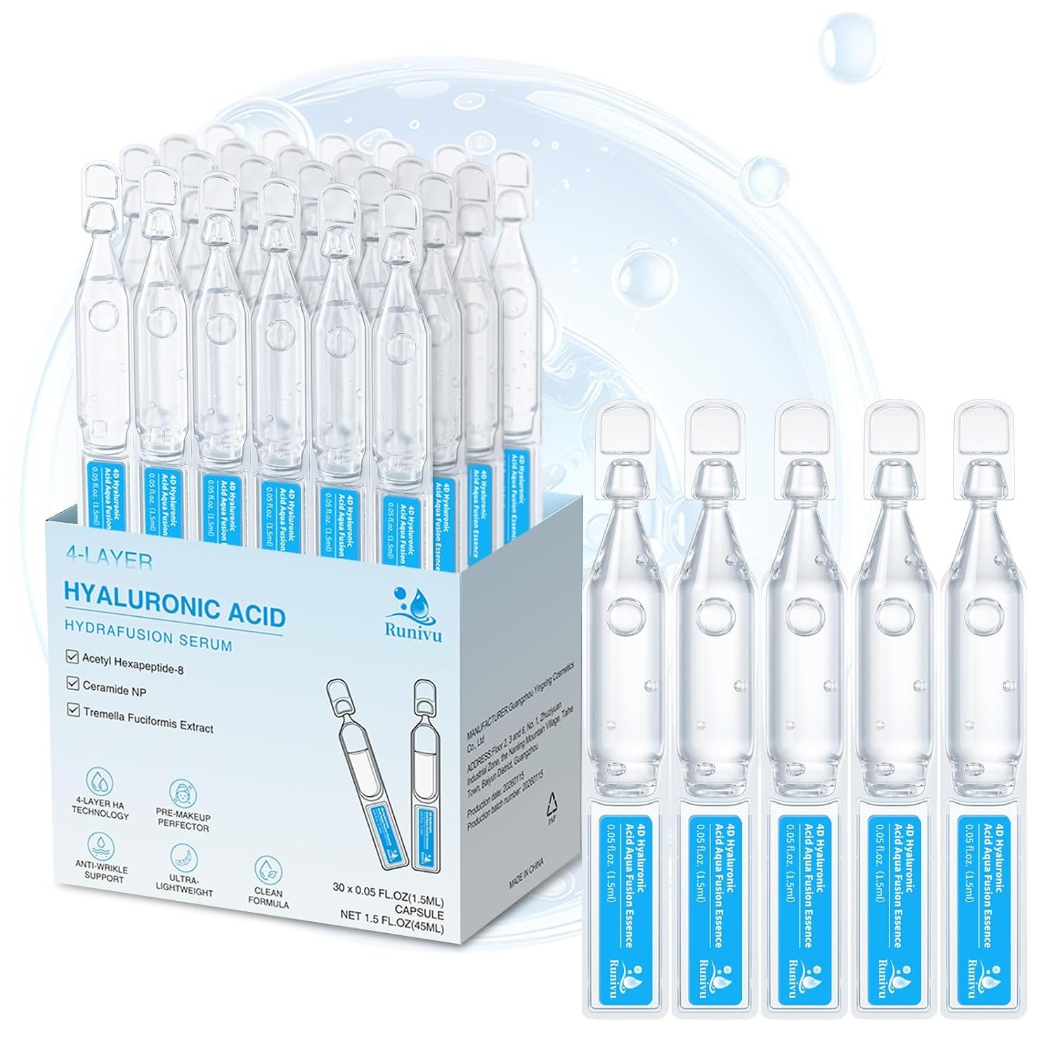 Hyaluronic Acid Serum for Face, 3% 4D Deep Hydrating Facial Ampoules in 30 Single-Use Vials, Plumping Moisturizer & Pre-Makeup Prep