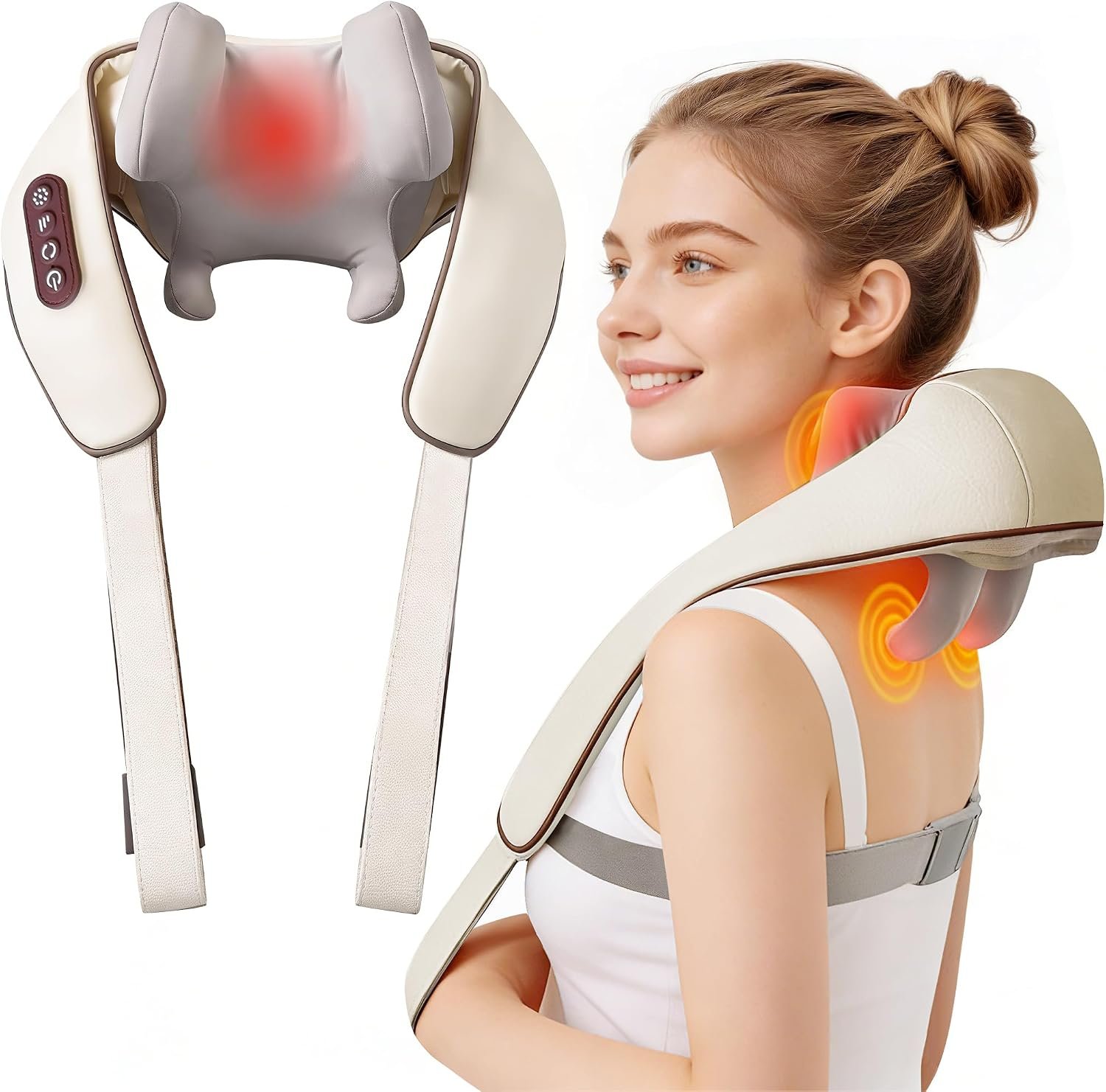 Cordless Shiatsu Neck and Shoulder Massager with Heat, 6D Kneading Nodes for Back Massage & Deep Relaxation, Auto 10 Mins Uses, Whisper Quiet, Rechargeable for Home Office, Perfect Gifts for Men Women