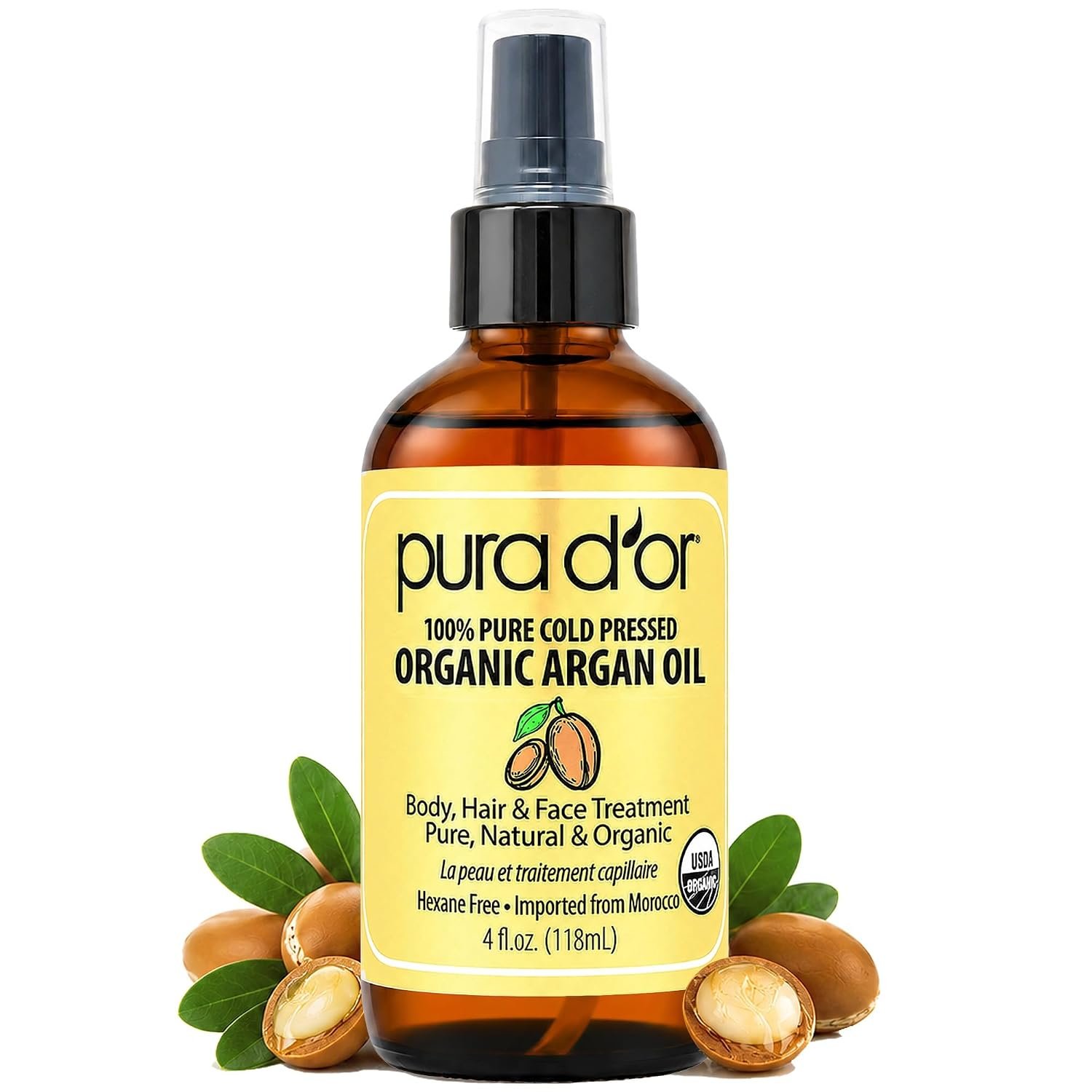 PURA D’OR USDA ORGANIC Moroccan Argan Oil Pure Cold-Pressed Hair & Skin 4oz
