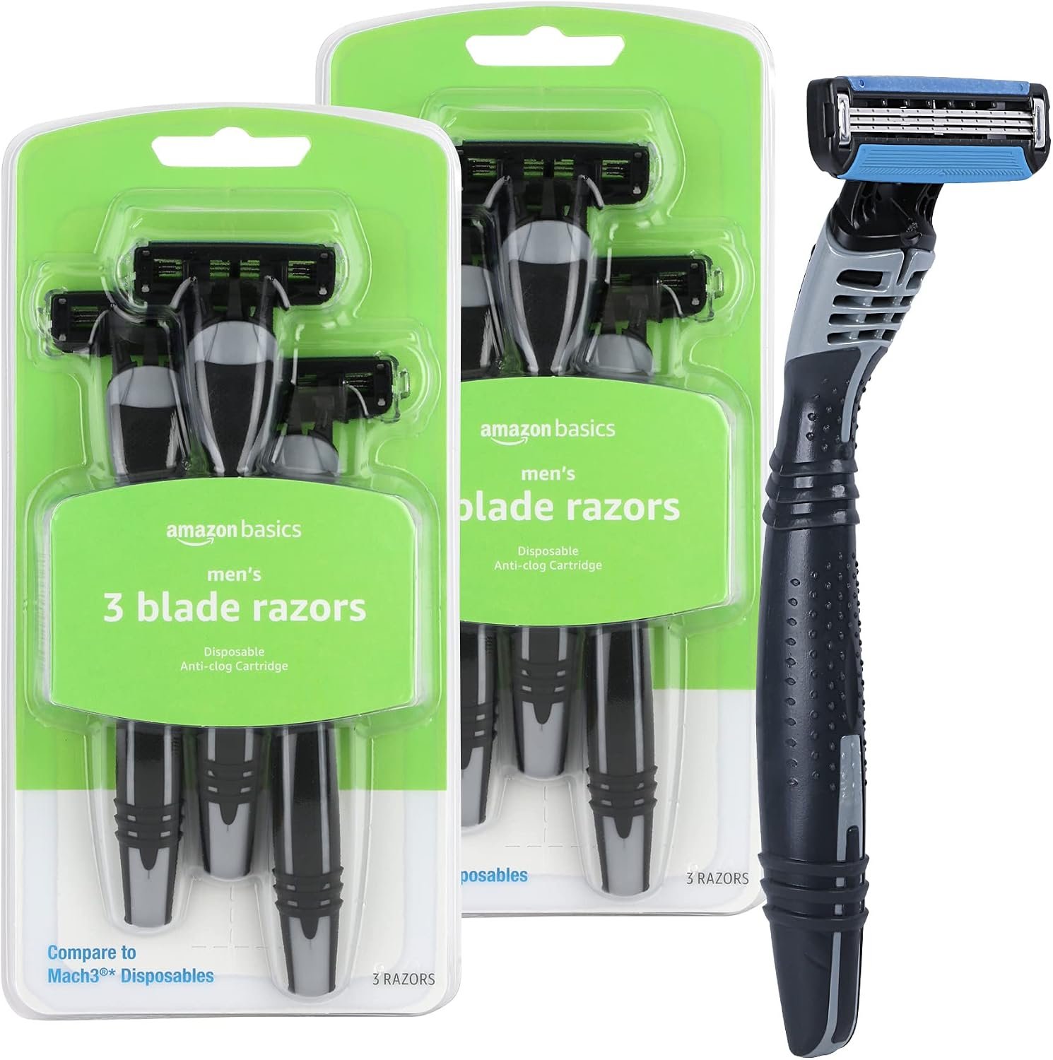 Amazon Basics 3-Blade Disposable Razors for Men, Close and Comfortable Shave, Reduces Irritation, 6 Count, 2 Packs of 3 (Previously Solimo)