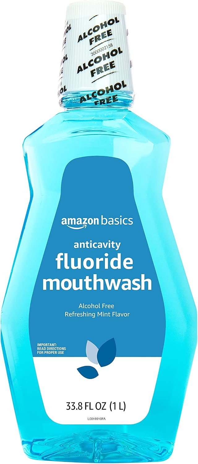 Amazon Basics Fluoride Mouthwash for Adults, Anticavity, Alcohol Free, Bad Breath Control, Strengthens Teeth – Refreshing Mint Flavor, 1 Liter