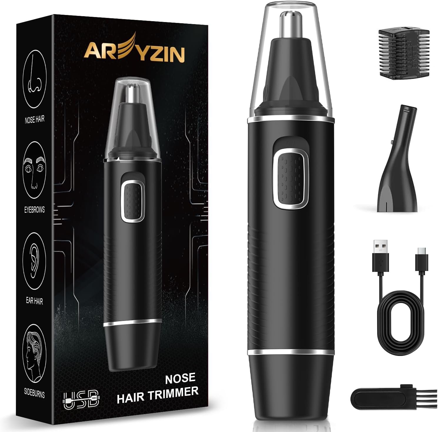 AREYZIN Nose Hair Trimmer for Men,Rechargeable Ear and Nose Trimmer,2026 Professional 2 in 1 Painless Eyebrow & Facial Hair Trimmer with IPX7 Waterproof Dual Edge Blades (Black)