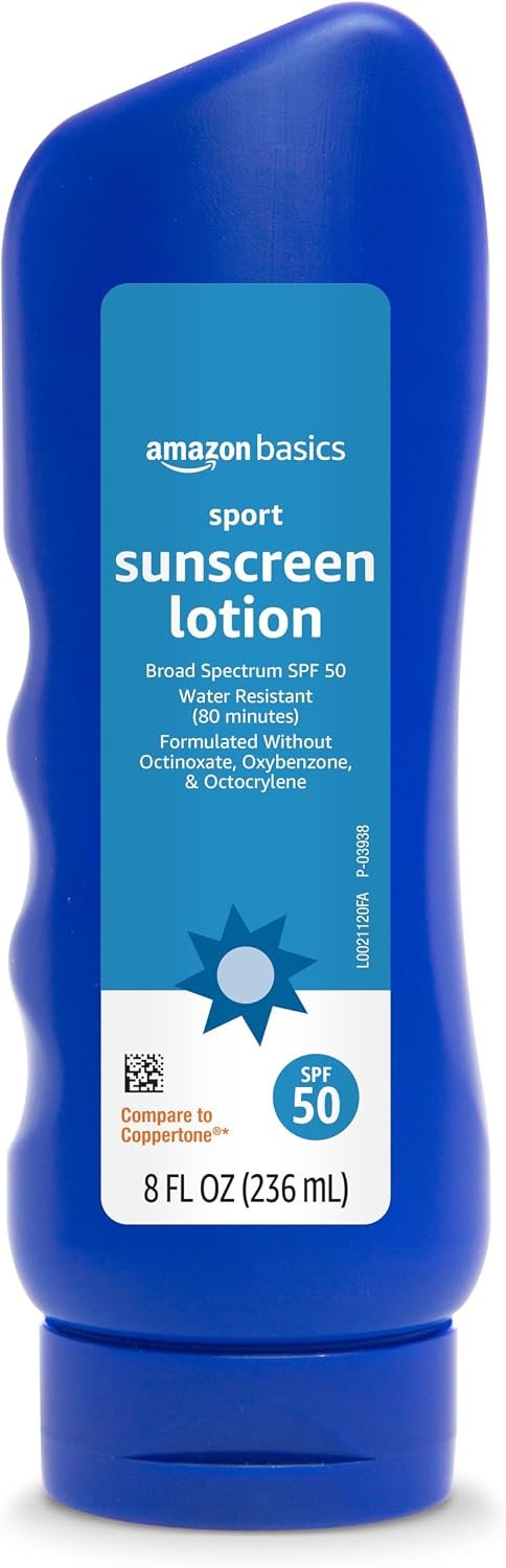 Amazon Basics Sport Sunscreen Lotion SPF 50, Water Resistant (80min), Formulated without Octinoxate & Oxybenzone, Broad Spectrum UVA/UVB Protection, 8 Fluid Ounce