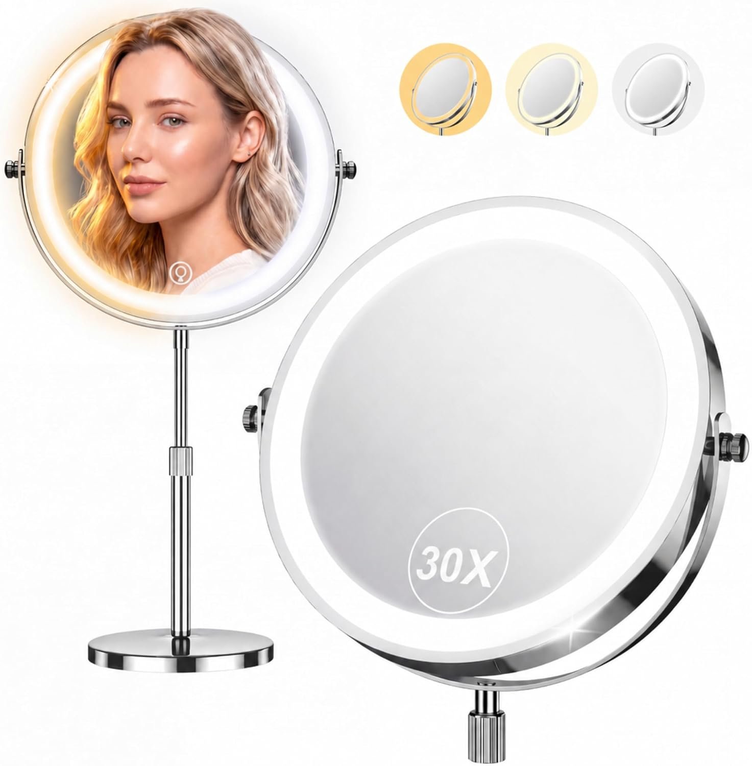 Dienmern 1X/30X Makeup Mirror with Lights, 9″ Magnifying Vanity Mirror