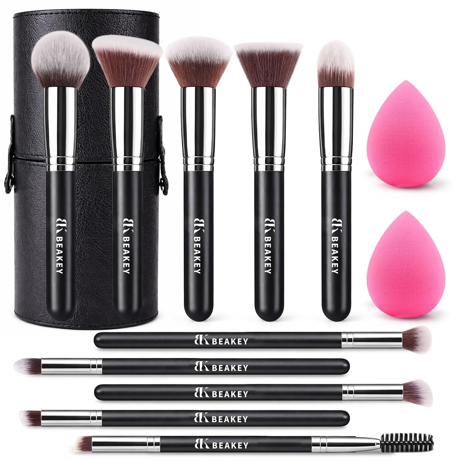 BEAKEY Makeup Brush Set,13 Pcs with Case,10 Brushes and 2 Sponges