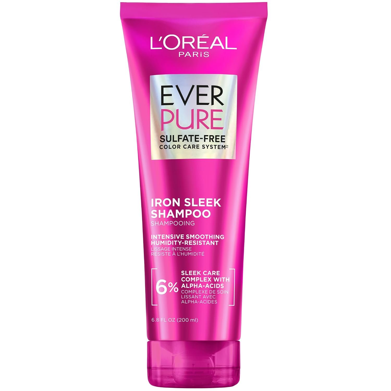 L’Oreal Paris Sulfate Free Iron Sleek Smoothing Shampoo, Frizz Control and Humidity-Resistant Formula with Alpha-Acids for Frizzy Hair, Suitable for Color-Treated Hair, EverPure, 6.8 Fl Oz