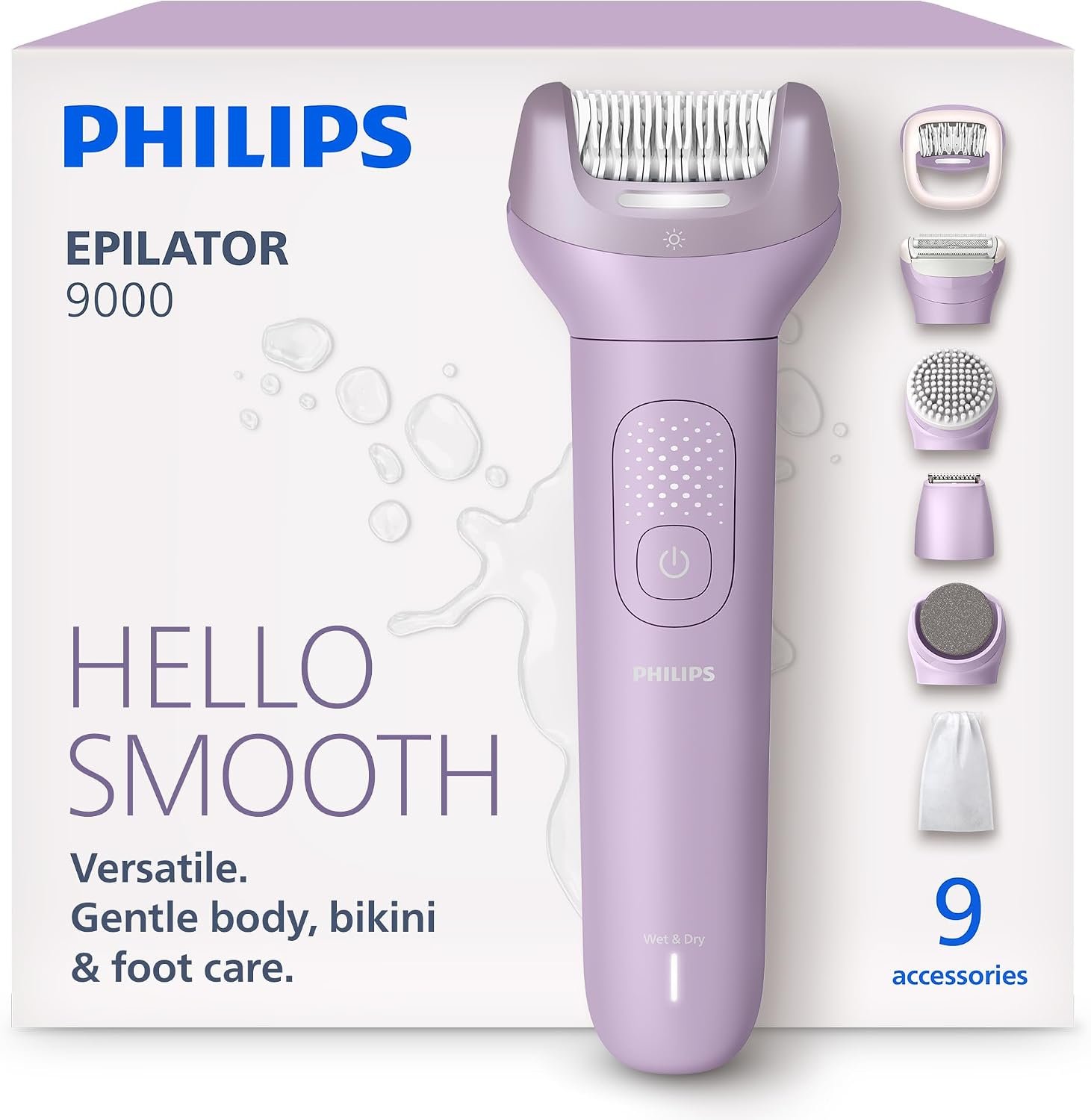Philips Epilator Series 9000 – Cordless Wet and Dry Electric Epilator, Hair Removal for Legs, Body and Bikini, with ProGuide, 9 Accessories Including Pedicure Head, 60 min. Runtime, Model BRE728/00