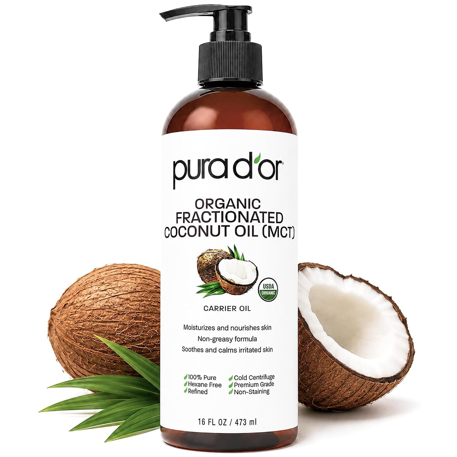 PURA D’OR USDA ORGANIC Fractionated Coconut Oil MCT Skin Hair Massage, 16oz