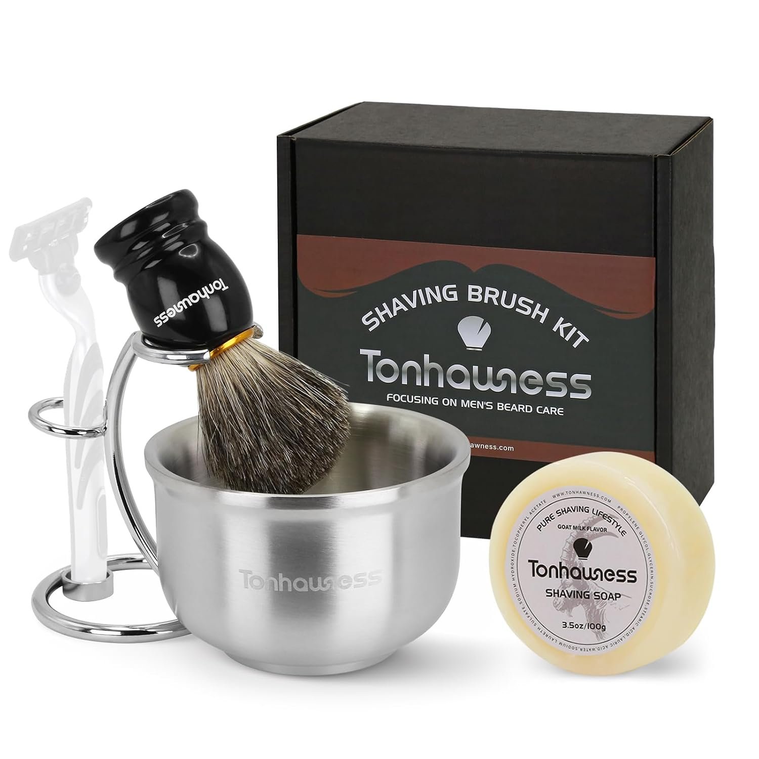 Shaving Brushes Kit For Men, 4 In 1 Shaving Brush Set Includes Badger Hair Shave Brush, Stainless Steel Shaving Bowl, Shaving Stand and Soap