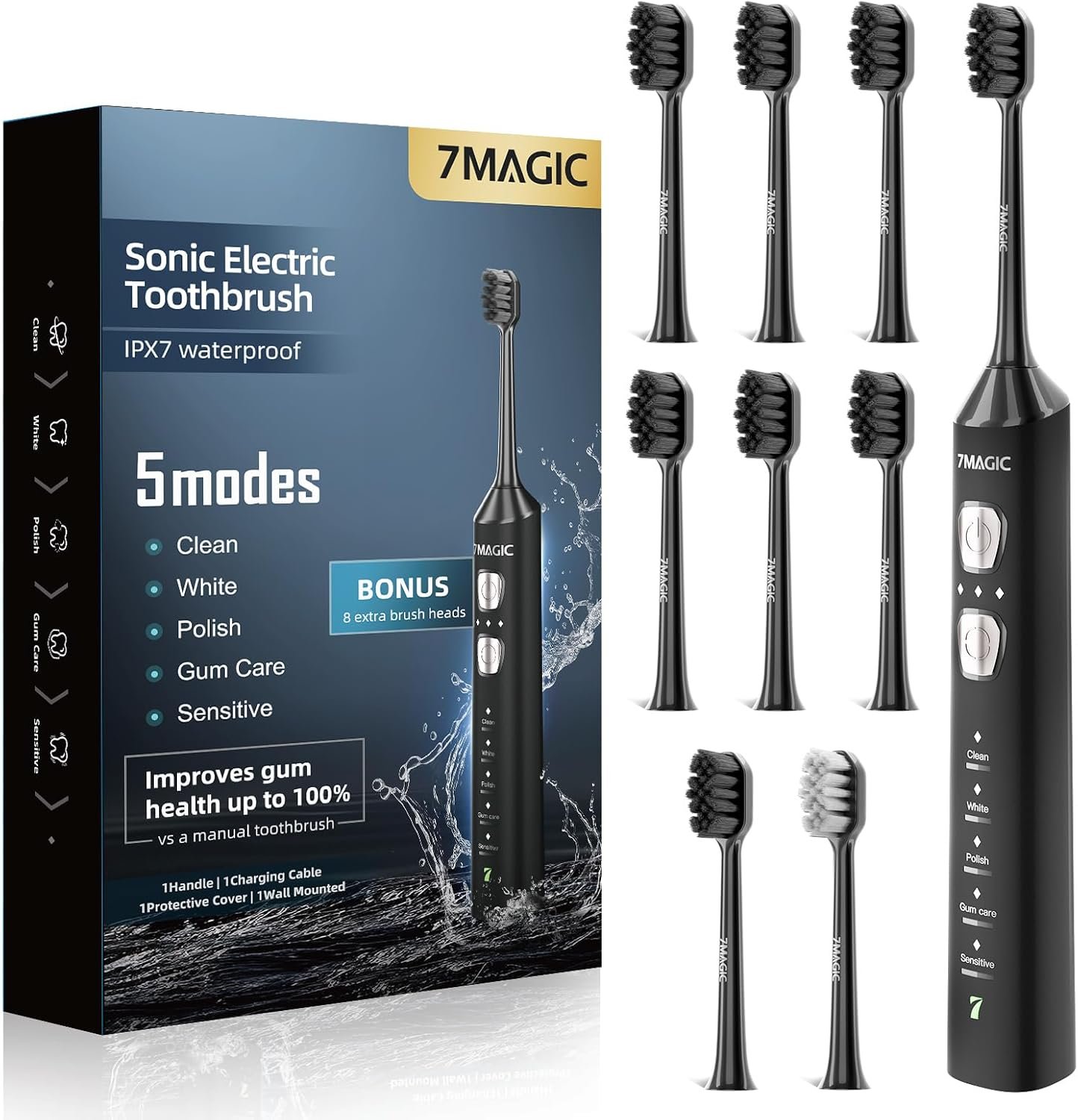 7MAGIC Sonic Electric Toothbrush, 180-Day Runtime, 42000 VPM, 8 Heads, Black