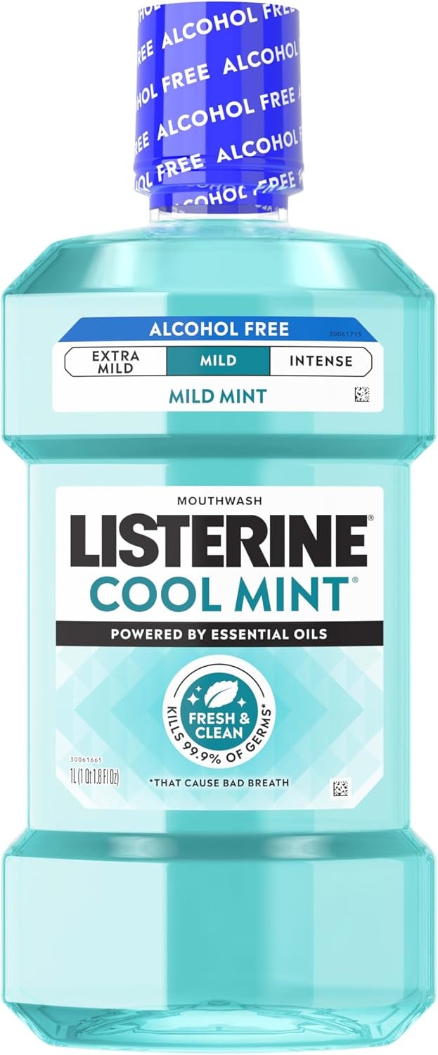 Listerine Cool Mint Alcohol Free Mouthwash, Mild Mint, 33.8 fl. oz/1 L