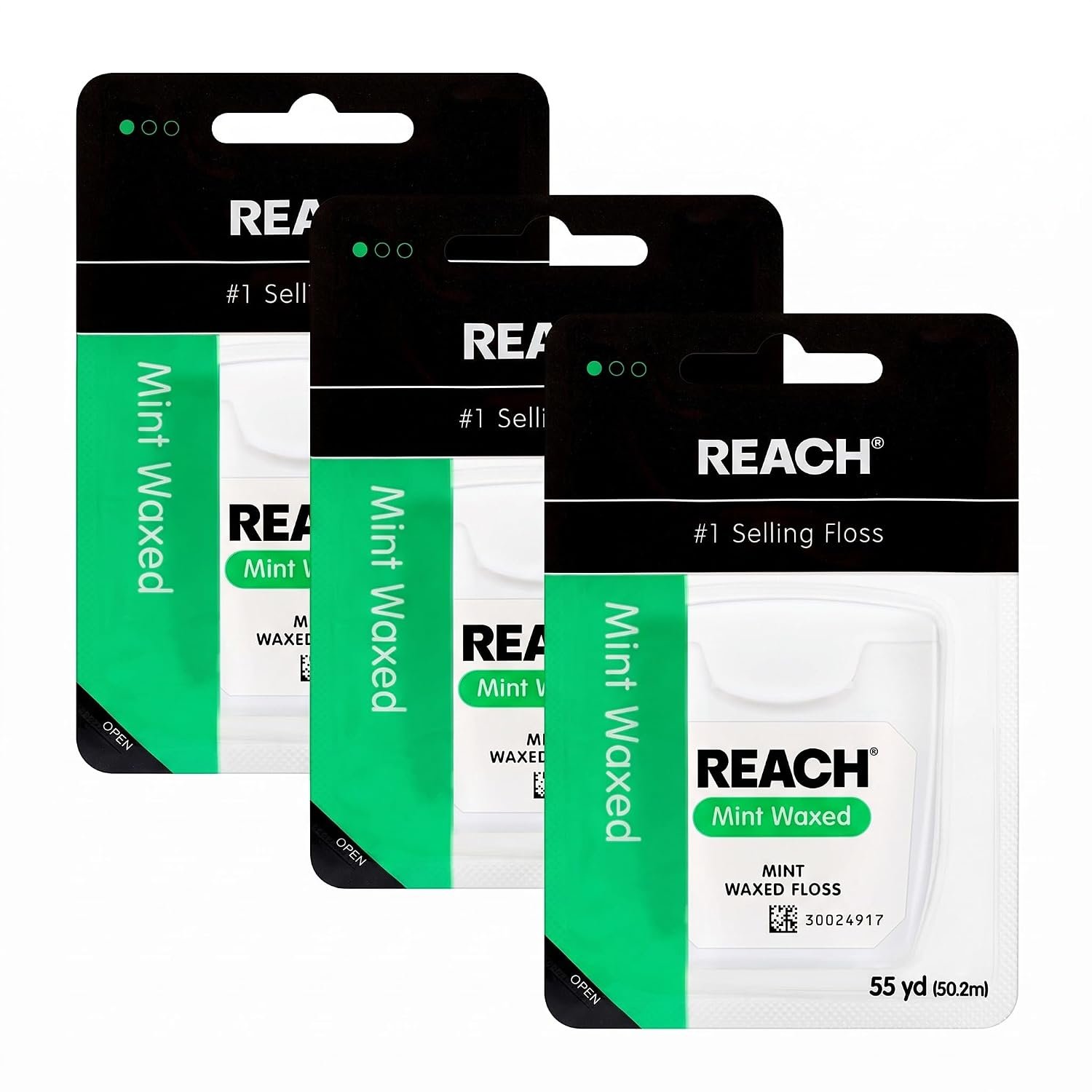 REACH Waxed Dental Floss, Mint, Plaque Remover for Teeth, Shred Resistant, Floss Slides Smoothly, Easy to Use, Waxed, Deep Cleaning Teeth, Oral Care, PFAS Free, for Adults & Kids, 55 yd,(Pack of 3)
