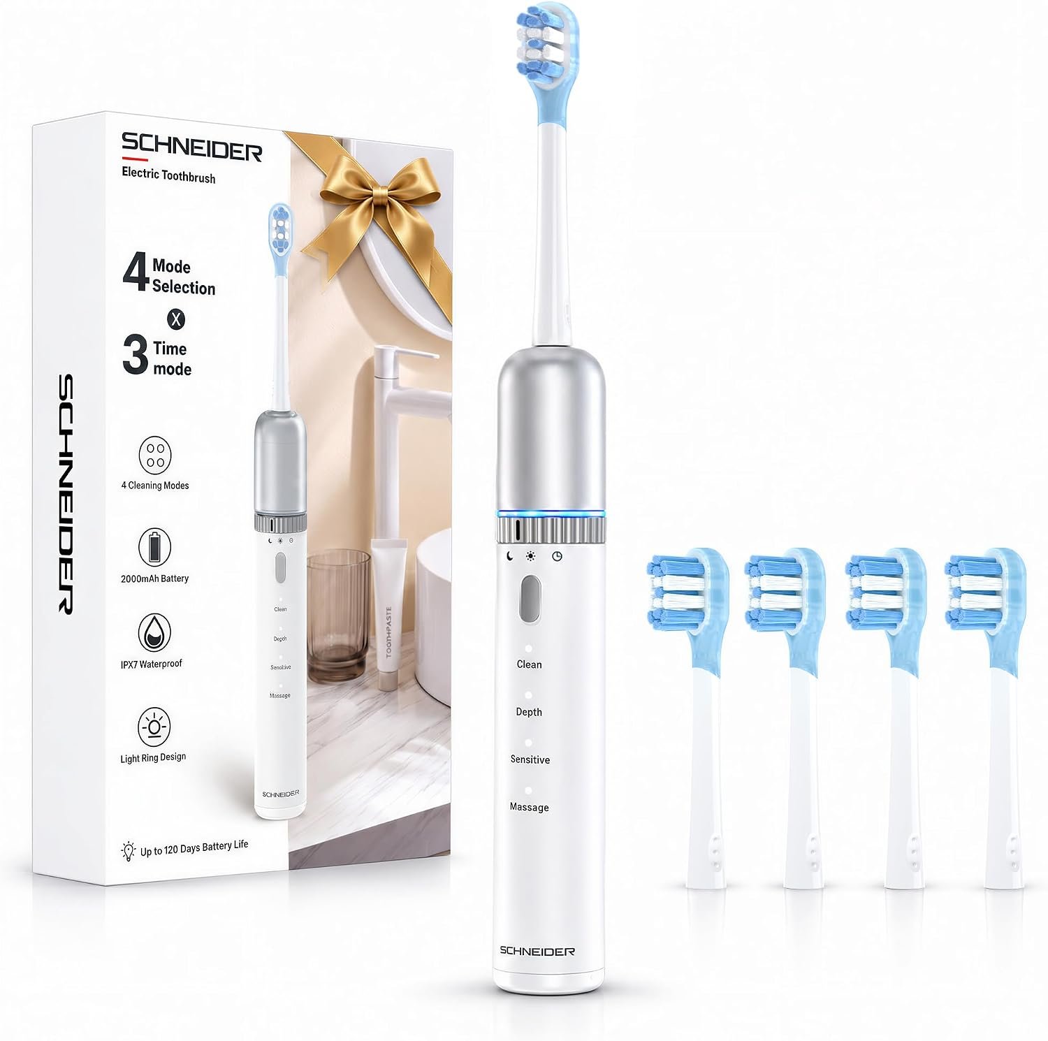 Schneider Sonic Electric Toothbrush for Adults, 42,000 VPM, 4 Modes