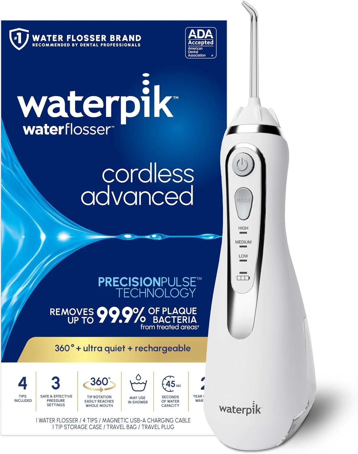 Waterpik Cordless Advanced Portable Water Flosser, Rechargeable, White