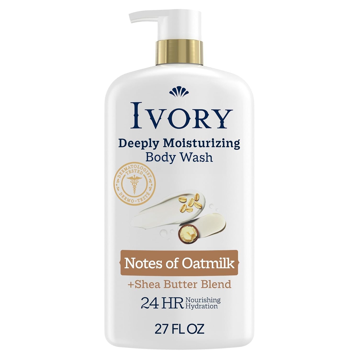 Ivory Deeply Moisturizing Body Wash, 24hr Nourishing Hydration, Soothes Itchy Dry Skin, Made with Shea Butter Blend, Free of Dyes Heavy Perfumes Parabens & Phthalates, Oatmilk Scent, 27 oz