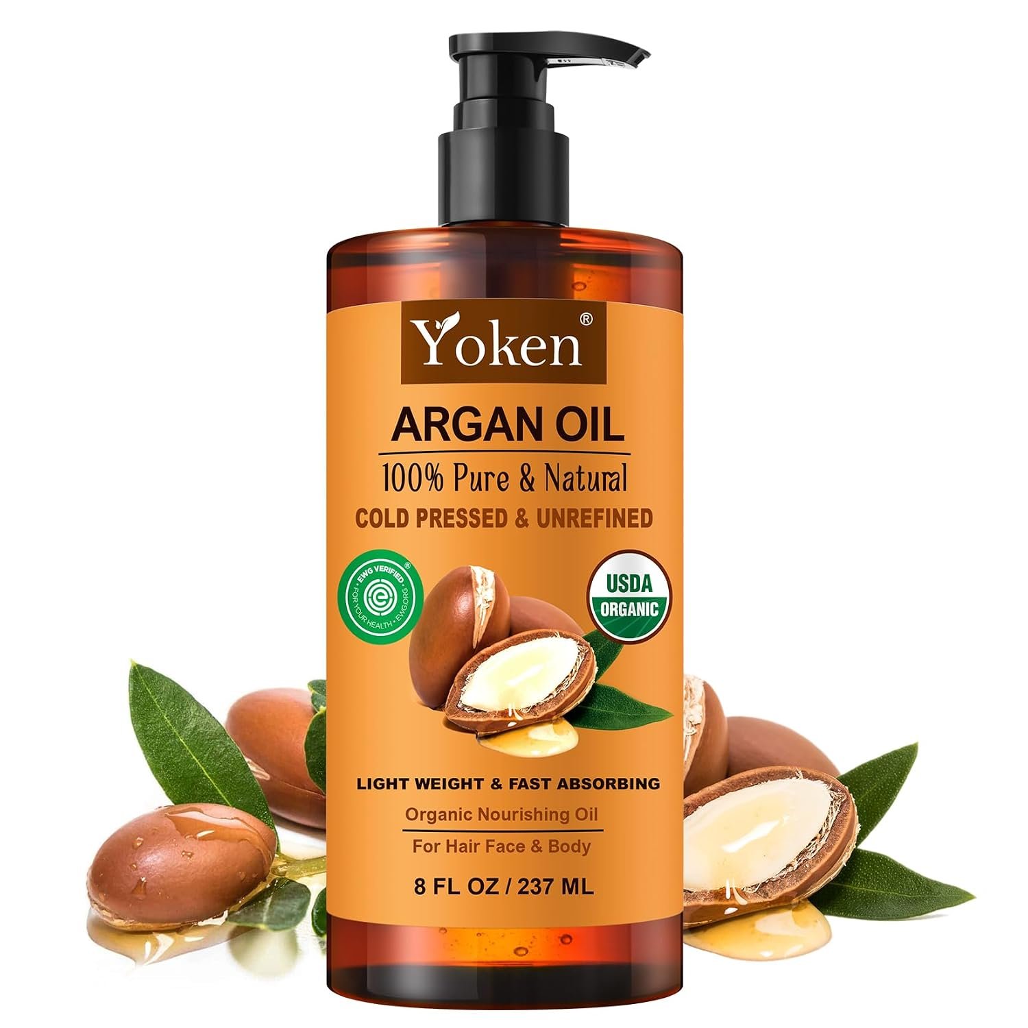 Yoken USDA Argan Oil 8oz, Cold Pressed Unrefined Moroccan Oil for Hair