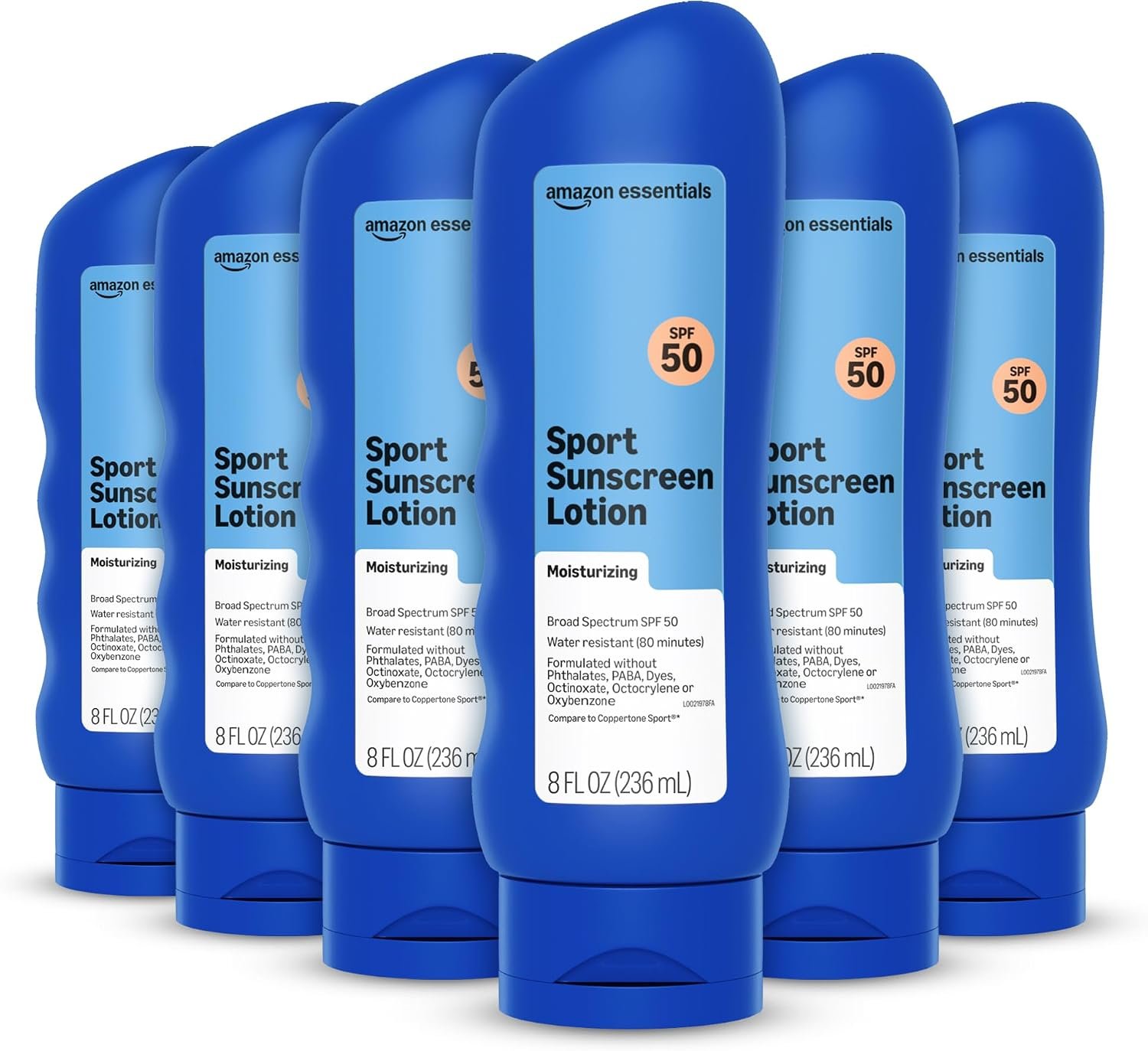 Amazon Essentials Sunscreen Lotion SPF 50 Body, Broad Spectrum UVA/UVB Protection, No Octinoxate/Oxybenzone, Unscented, 8 fl oz, 6-Pack (Previously Amazon Basics)