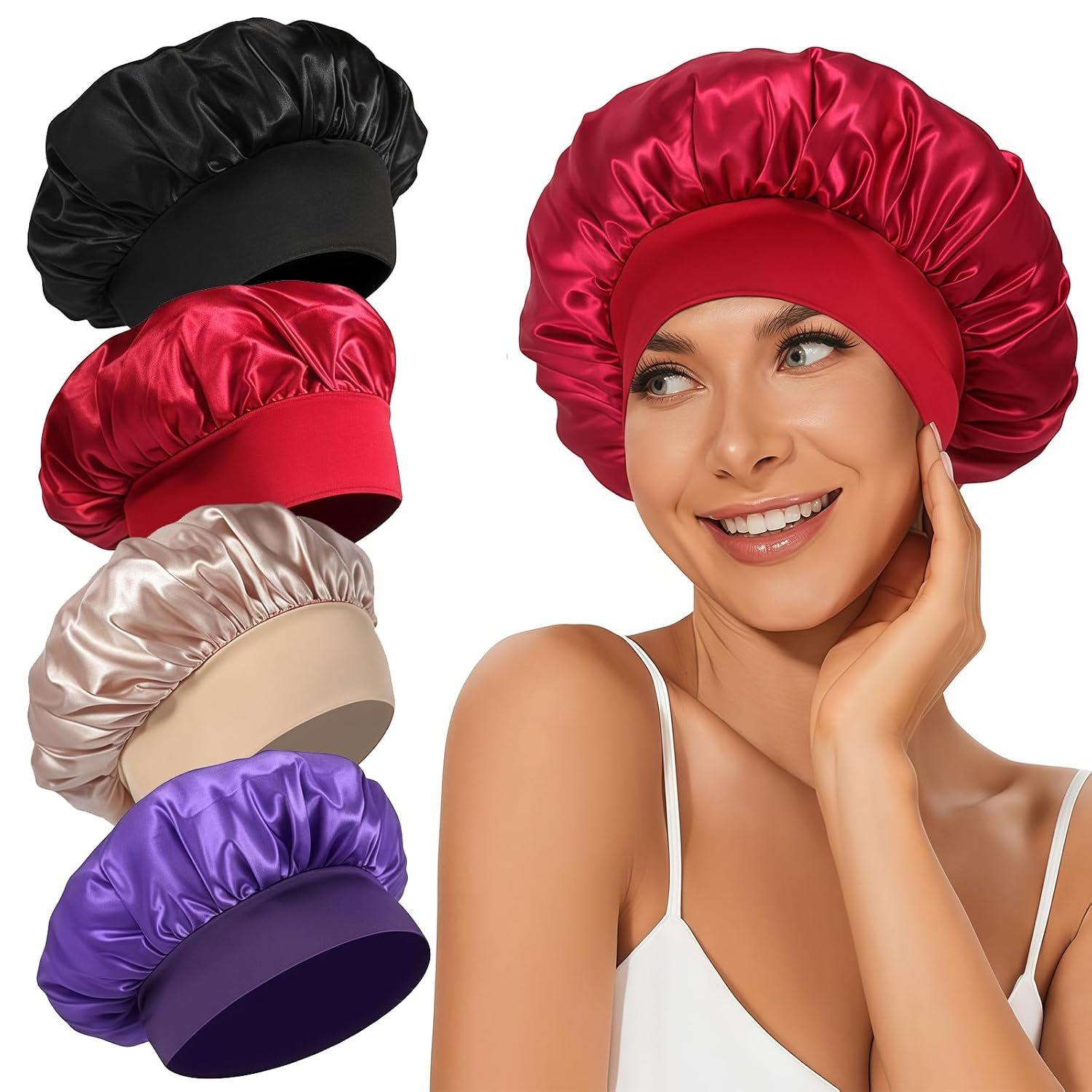 4Pcs Satin Bonnet Silk Bonnet, Hair Bonnet for Sleeping