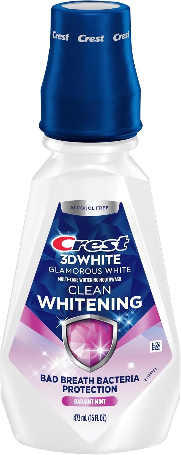 Crest 3D White Glamorous White Alcohol Free Multi-Care Whitening Mouthwash, Hydrogen Peroxide Mouthwash, Arctic Mint, 16 fl oz (473 mL) – Pack of 4, Crest Mouthwash