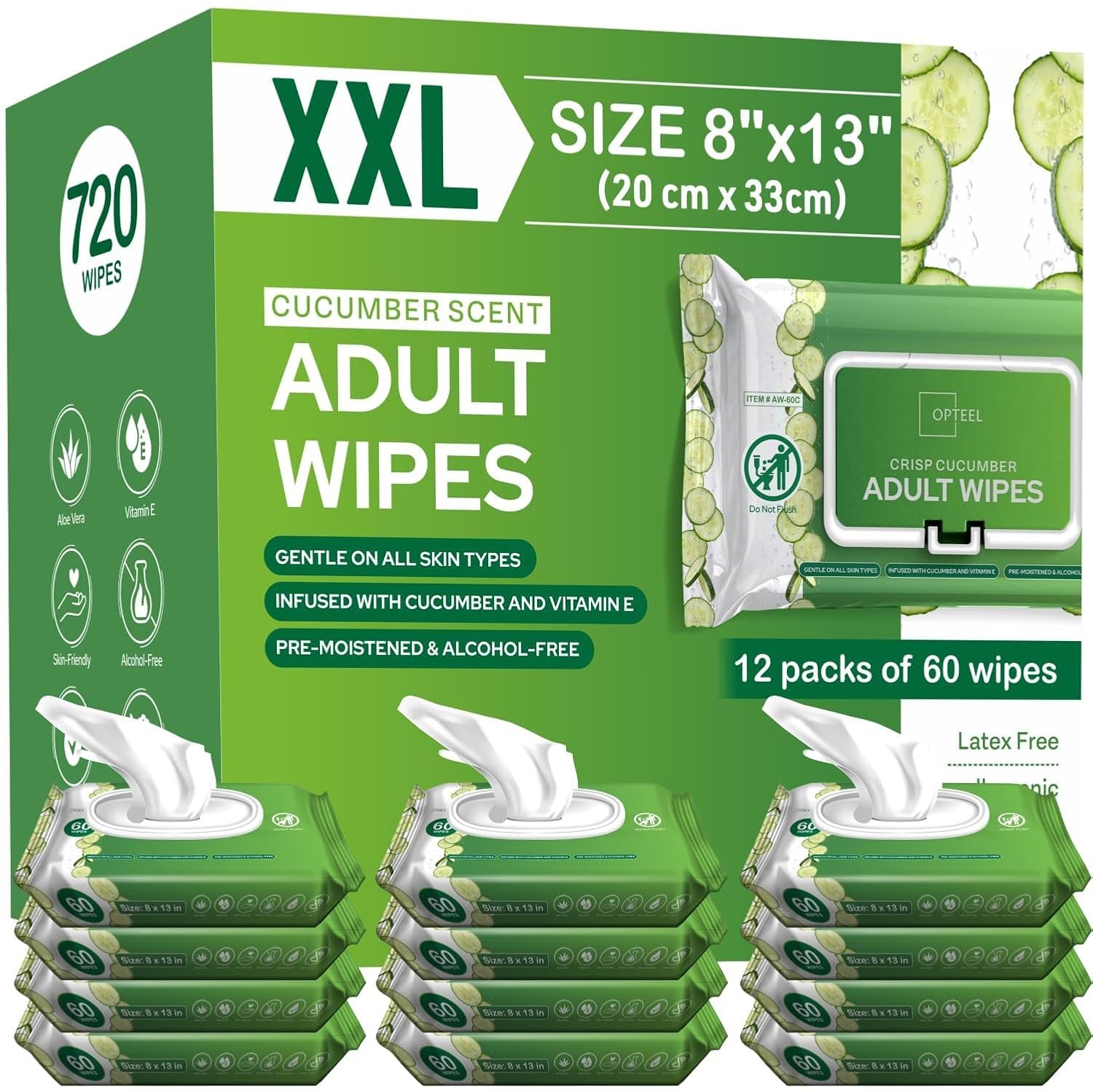 OPTEEL Wipes for Adults – Extra Large 8×13, Scented, Pre-Moistened, 720ct