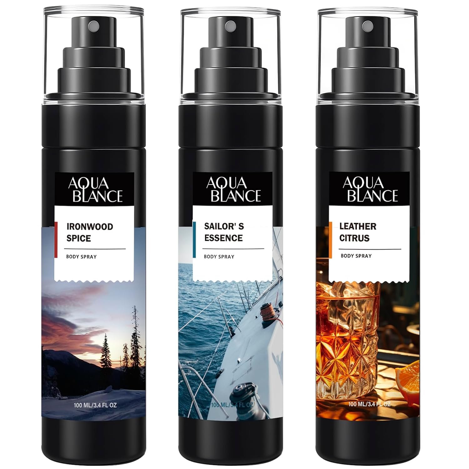 AQUA BLANCE Body Spray for Men, Mens Body Refreshing Spray, Long Lasting, Pack of 3, Each 3.4 Fl Oz, Total 10.2 Fl Oz, Ironwood Spice, Sailor’ s Essence, Leather Citrus
