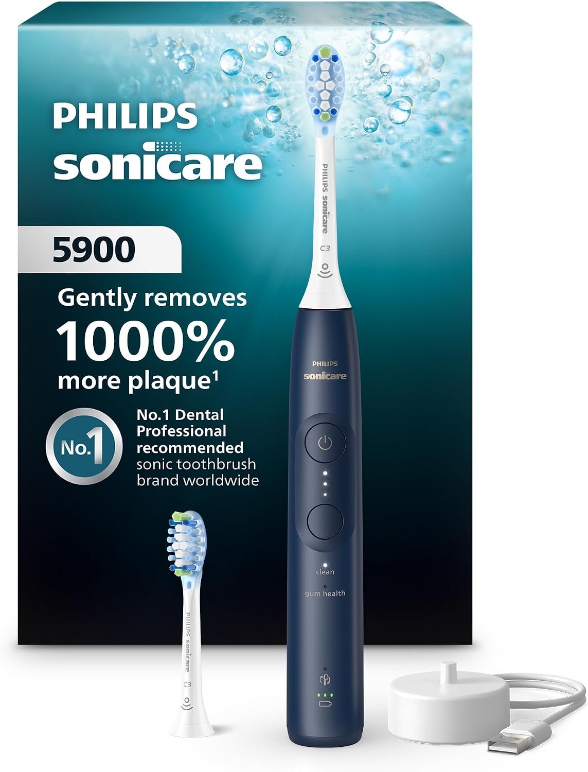 Philips Sonicare 5900 Rechargeable Electric Toothbrush, 2 Brush Heads, Navy