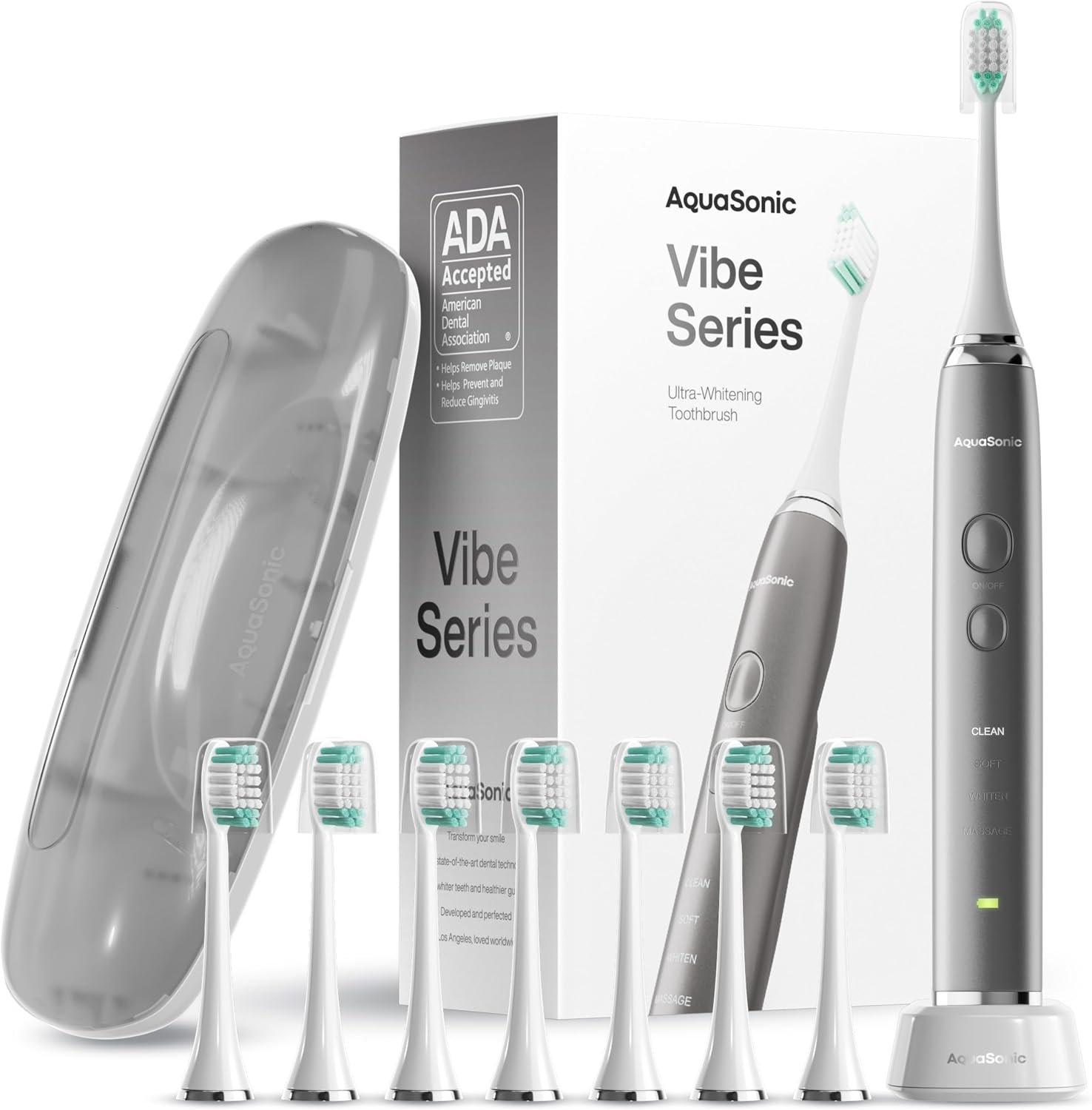 Aquasonic Vibe Series Ultra-Whitening Toothbrush – ADA Accepted Electric Toothbrush – 8 Brush Heads & Travel Case – 40,000 VPM Motor & Wireless Charging – 4 Modes w Smart Timer – Charcoal Metallic