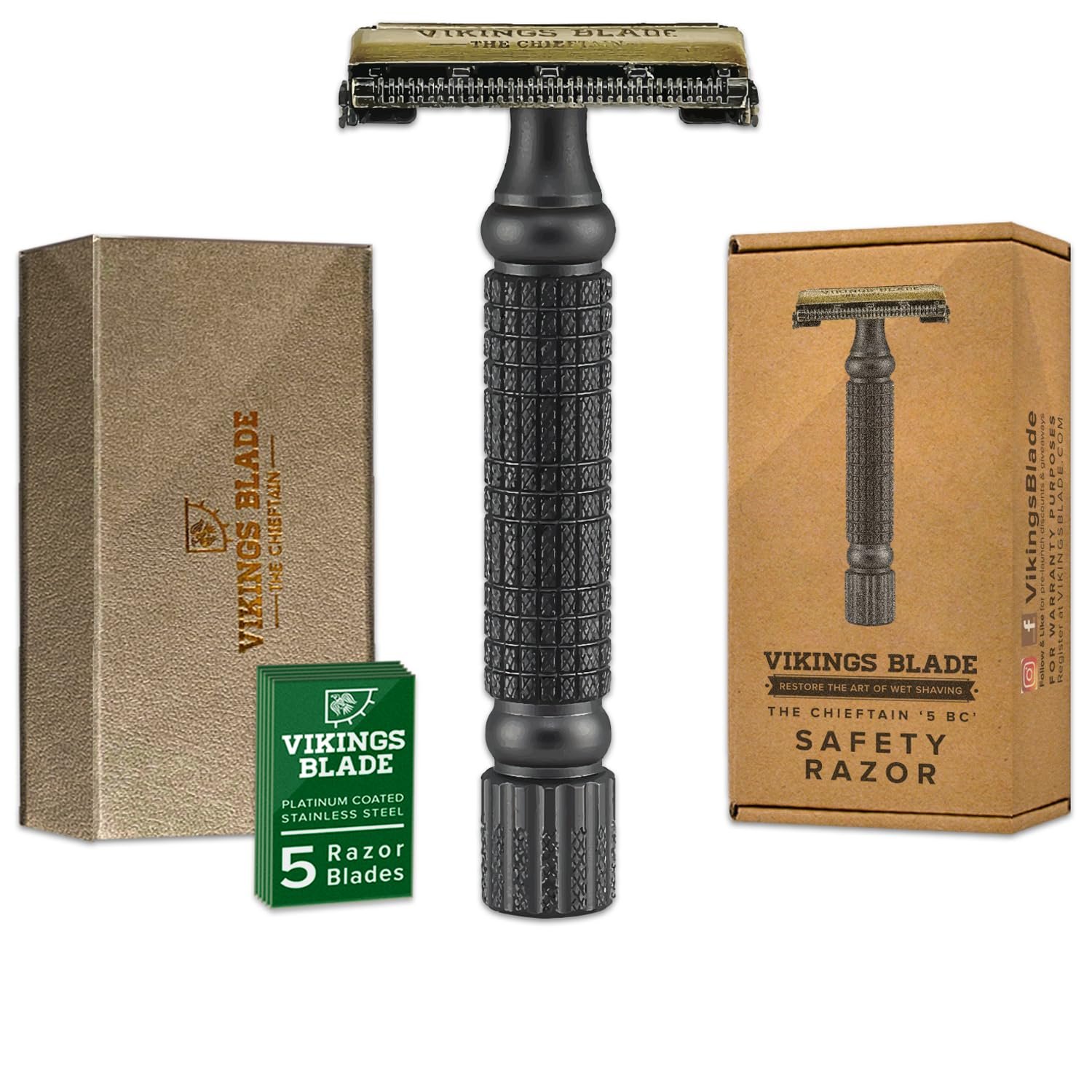 VIKINGS BLADE Double Edge Safety Razor for Men + 5 Swedish Steel Blades + Luxury Case. Smooth, Reusable, Recyclable (Chieftain “5 BC”)
