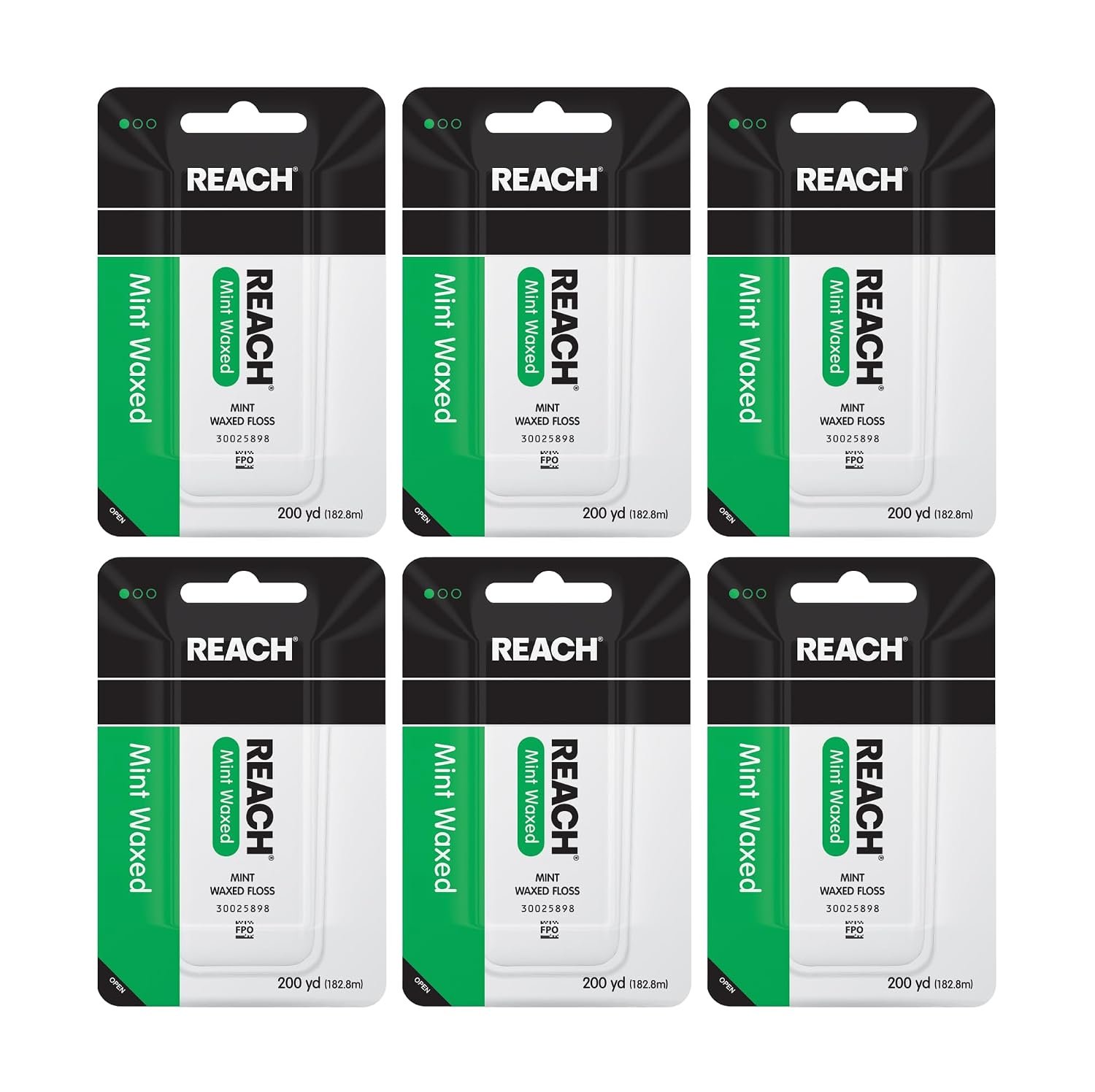REACH Waxed Dental Floss, Mint, Plaque Remover for Teeth, Shred Resistant, Floss Slides Smoothly, Easy to Use, Waxed, Deep Cleaning Teeth, Oral Care, PFAS Free, for Adults & Kids, 6 Pack, 200 yd