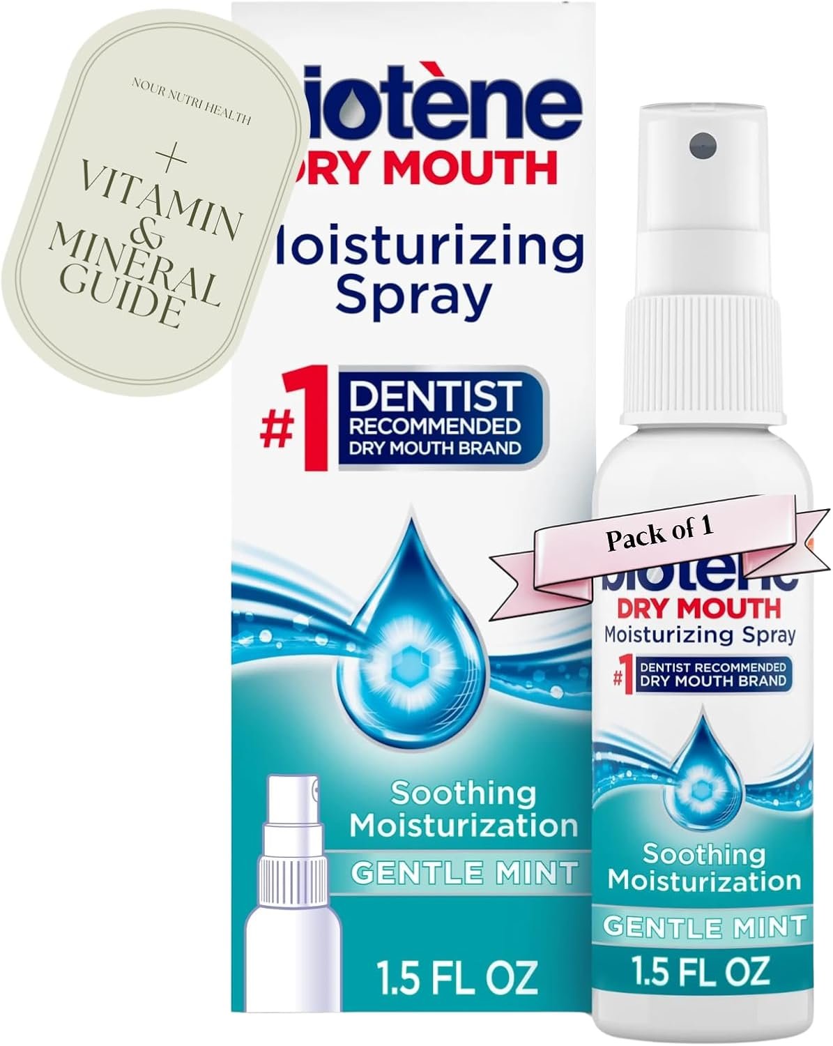 Pack of 1 Bottle Biotene Moisturizing Dry Mouth Spray, Gentle Mint, 1.5 fl oz Along with Mineral and vitamine e-Guide.