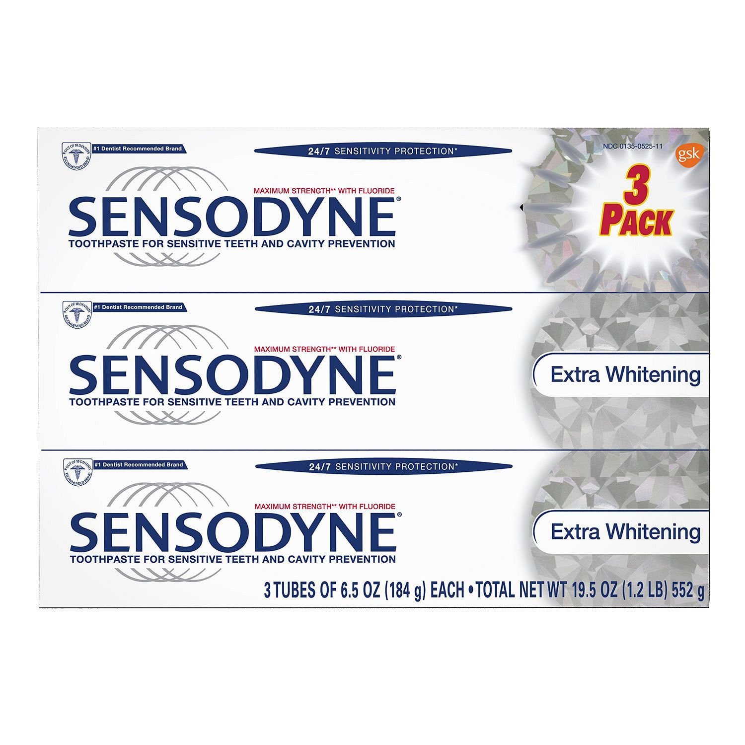 Sensodyne Toothpaste for Sensitive Teeth and Cavity Prevention, Maximum Strength Extra Whitening 6.5 oz (3 pack) – 08421