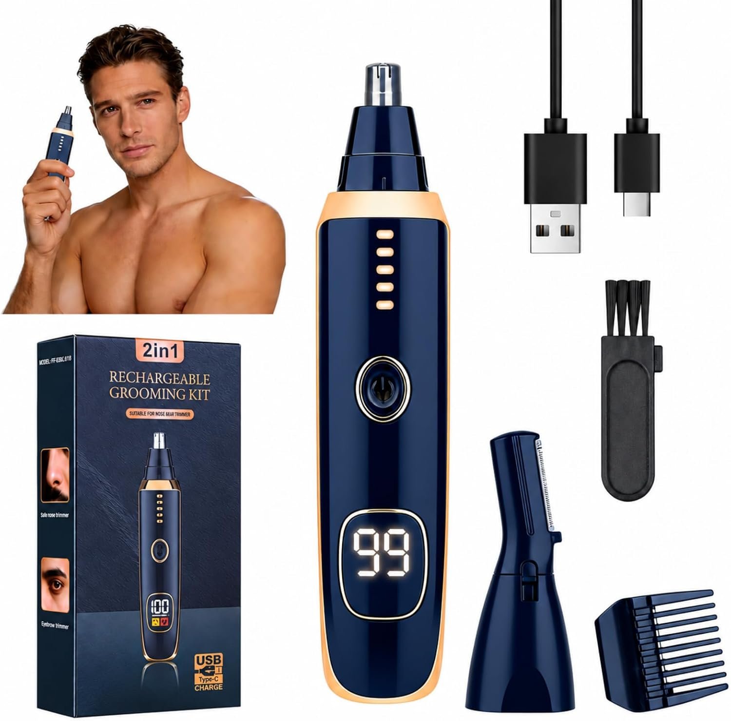 Nose and Ear Hair Trimmer for Women Men,2 in 1 LED Display Eyebrow Hair Trimmer with USB Rechargeable,2026 Portble Waterproof Facial Hair Removal with Dual-Edge Blades for Travel (Blue)