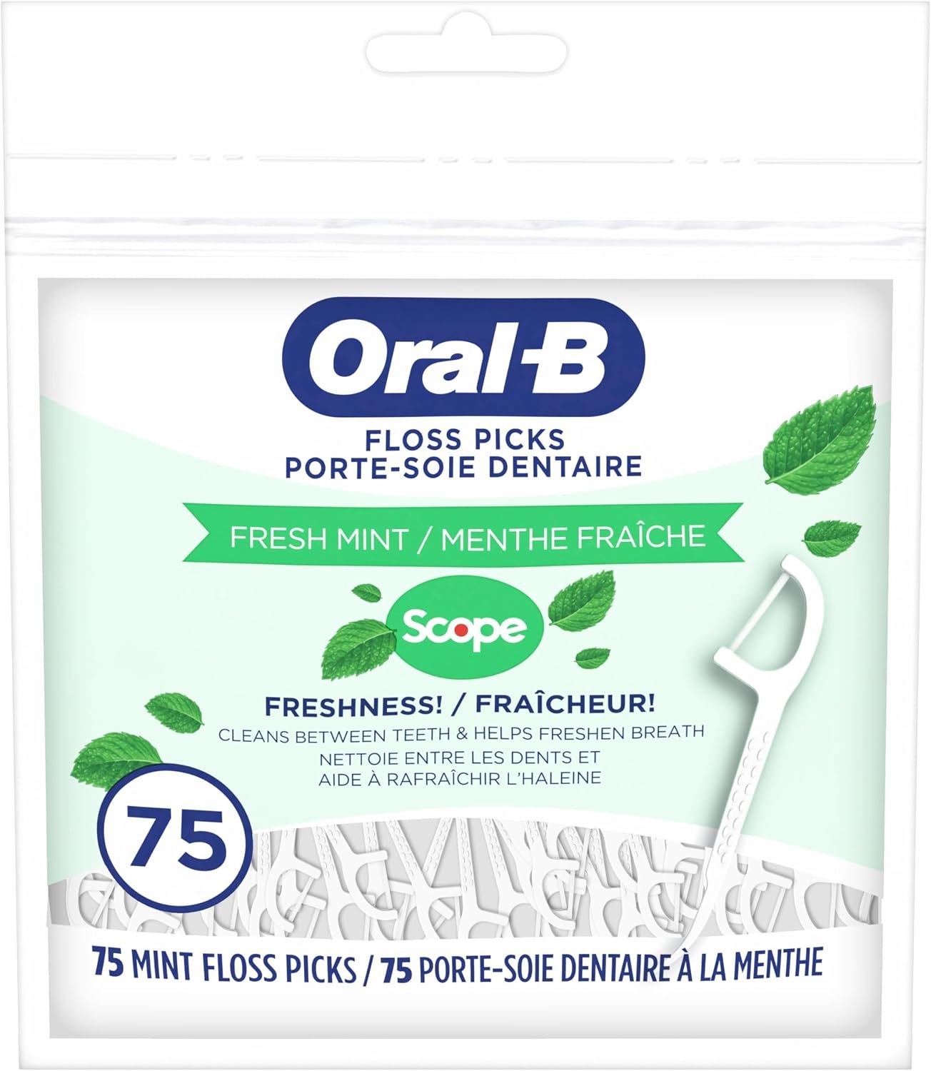 Oral-B Burst of Scope Dental Floss Picks, Fresh Mint, 75 Count Each, Pack of 6 (450 Count Total)