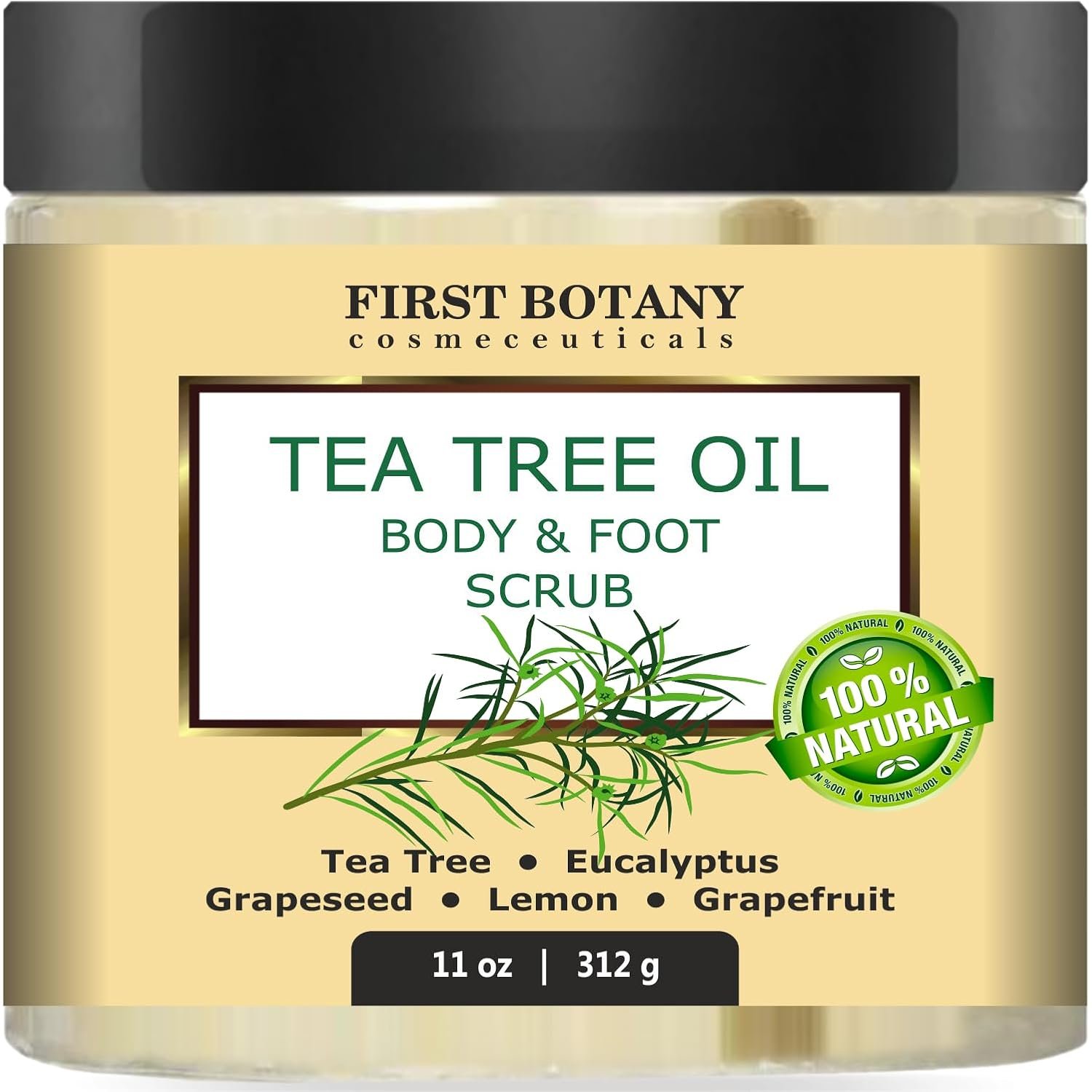 First Botany 100% Natural Tea Tree Oil Body & Foot Scrub with Salt – Best for Acne, Dandruff and Warts, Corns, Calluses, Athlete foot, Jock Itch & Body Odor