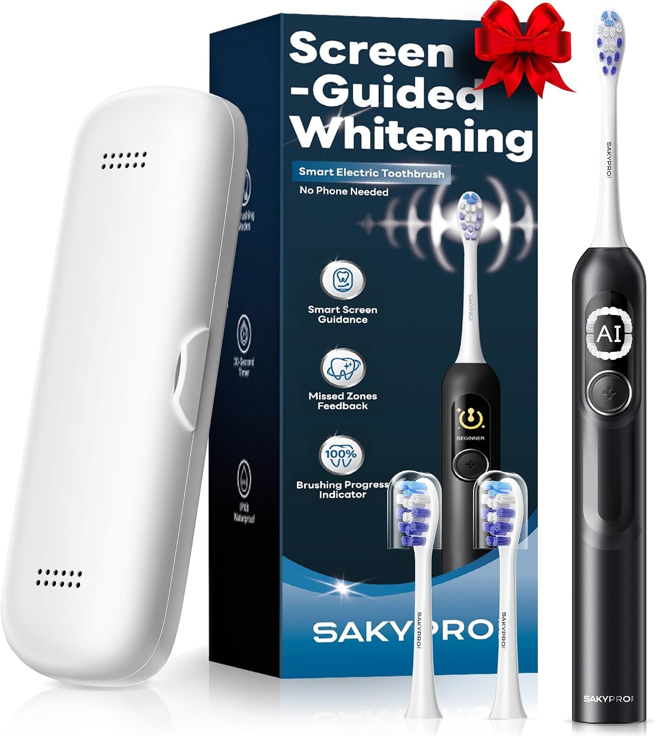 SAKYPRORAL AI Electric Toothbrush for Adults, Sonic Rechargeable Whitening Toothbrush with 6-Zone Tracking, Soft Replacement Heads & Travel Case (Black, 1 Count)