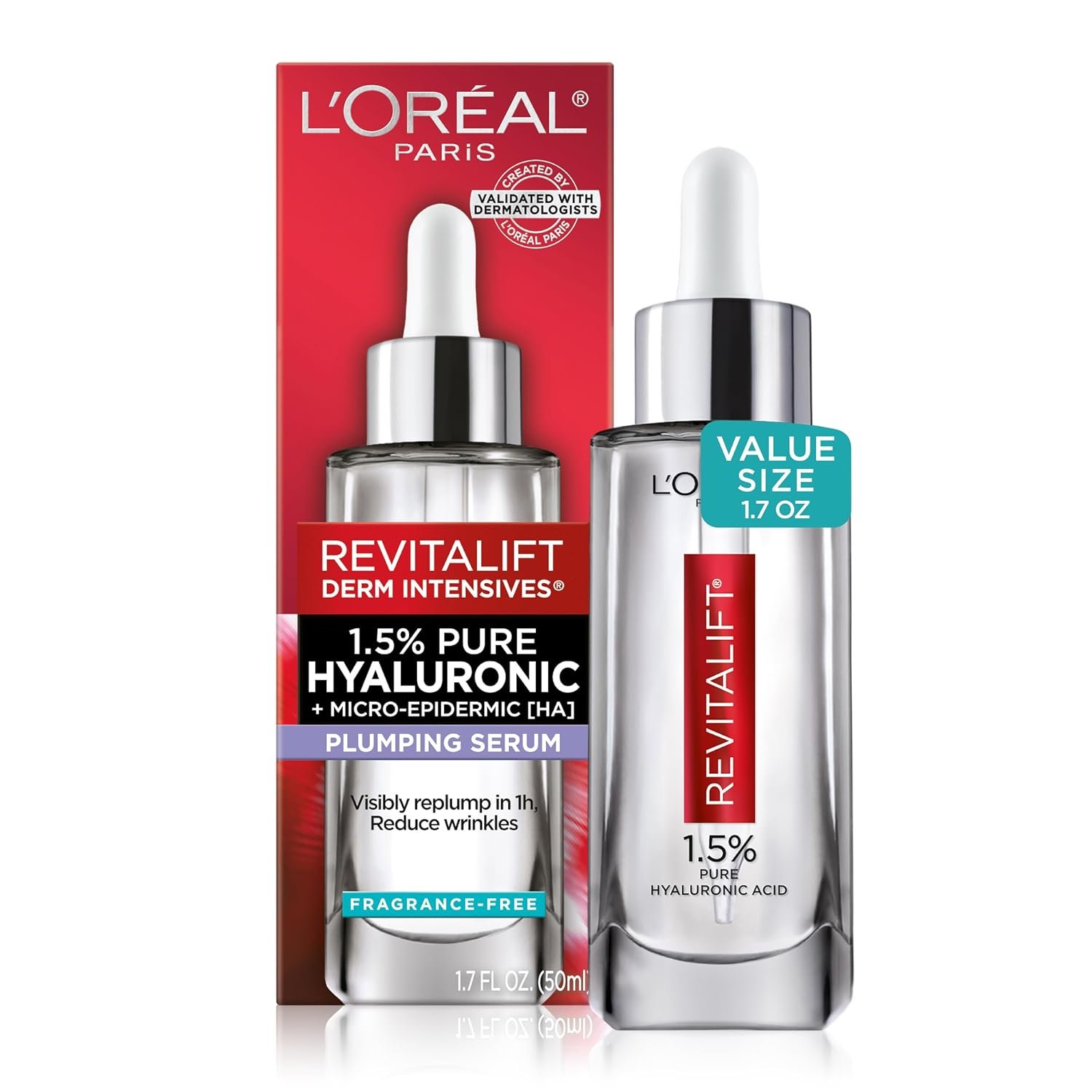 L’Oreal Paris Revitalift 1.5% Pure Hyaluronic Acid Face Serum, Hydrate & Reduce Wrinkles, Fragrance Free 1.7 oz