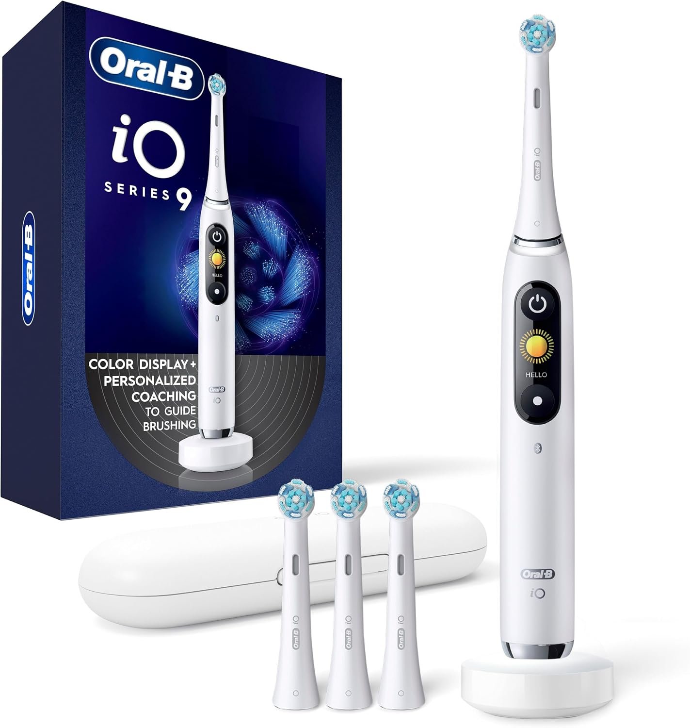 Oral-B Rechargeable Electric Toothbrush, iO9 Genius, 7 Cleaning Modes, Interactive Display, Charging Travel Case, Visible Pressure Sensor, 4 Brush Heads, White Alabaster