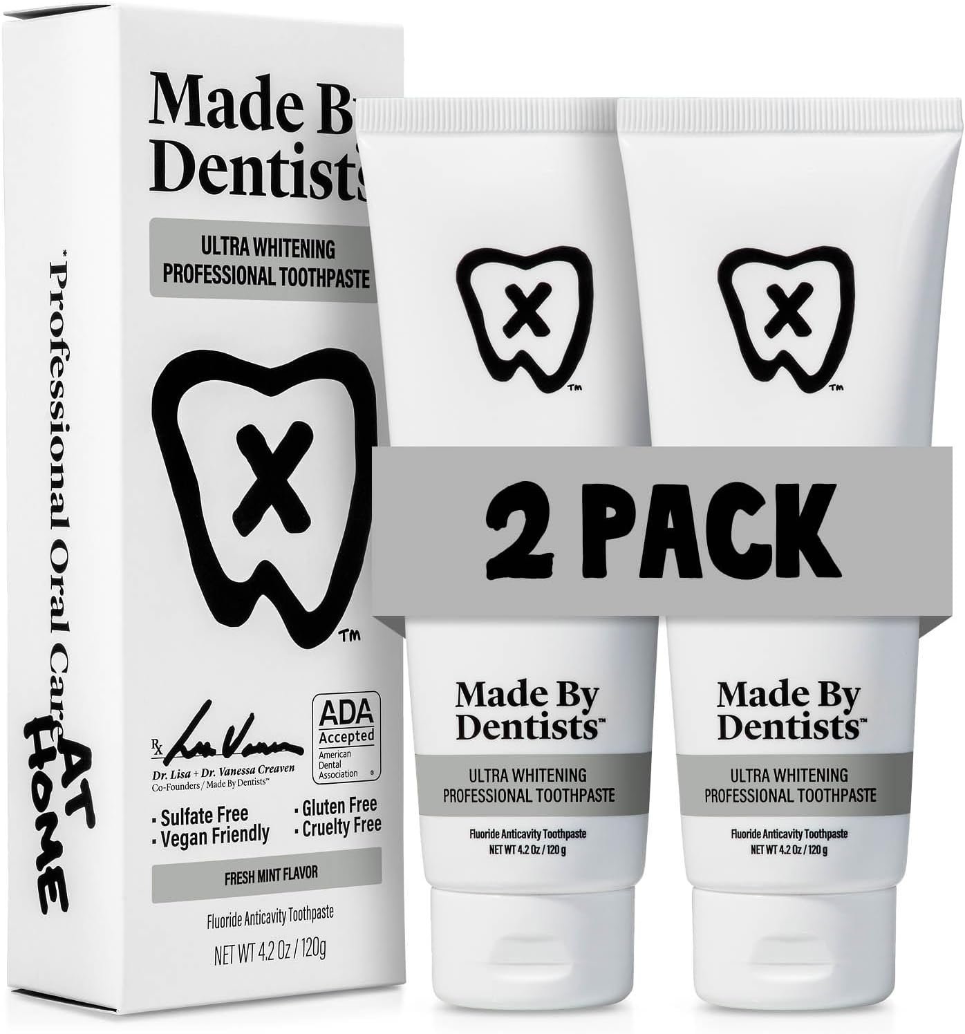 Made by Dentists Professional Ultra Whitening Toothpaste – 2 Pack – Sensitive Teeth Whitening Toothpaste with Sodium Fluoride & Hydrogen Peroxide, ADA Approved, Vegan, 2 x 4.2oz